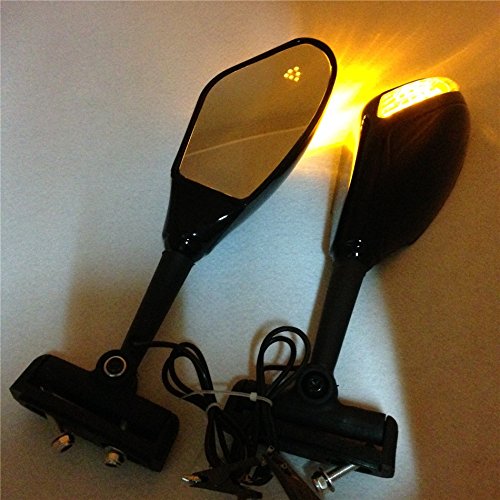 XKMT Yellow LED Lights Mirror - Compatible with Yamaha FZR, YZF 600/750, R6, FJR1300 & Kawasaki Ninja ZX6RR Motorcycles - High Visibility Safety Upgrade for Night Riding