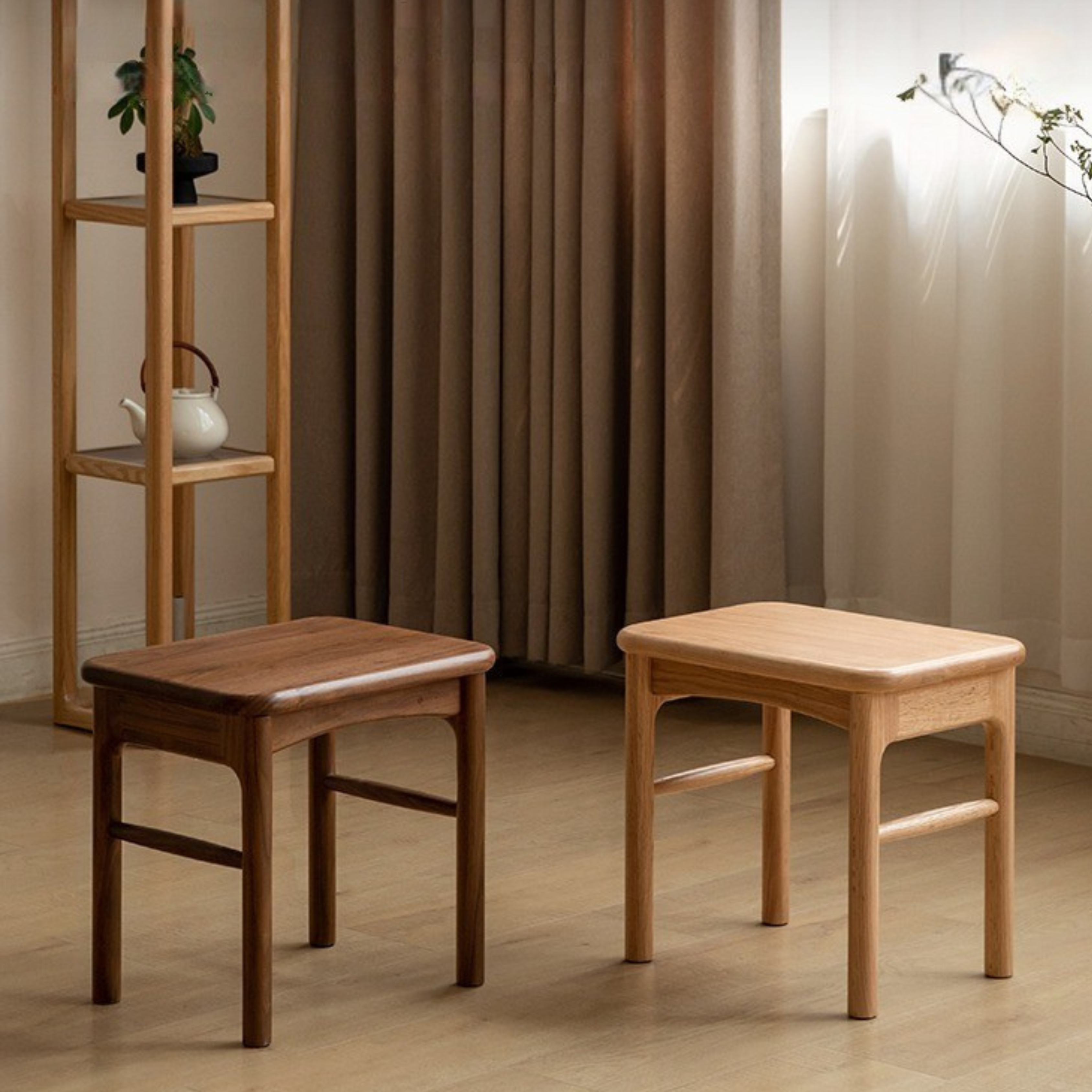 Solid Oak & Black Walnut Wood Tea Stool - Handcrafted Long Bench for Living Room, Bedroom, or Garden - Perfect for Tea Ceremony, Seating, and Home Decor