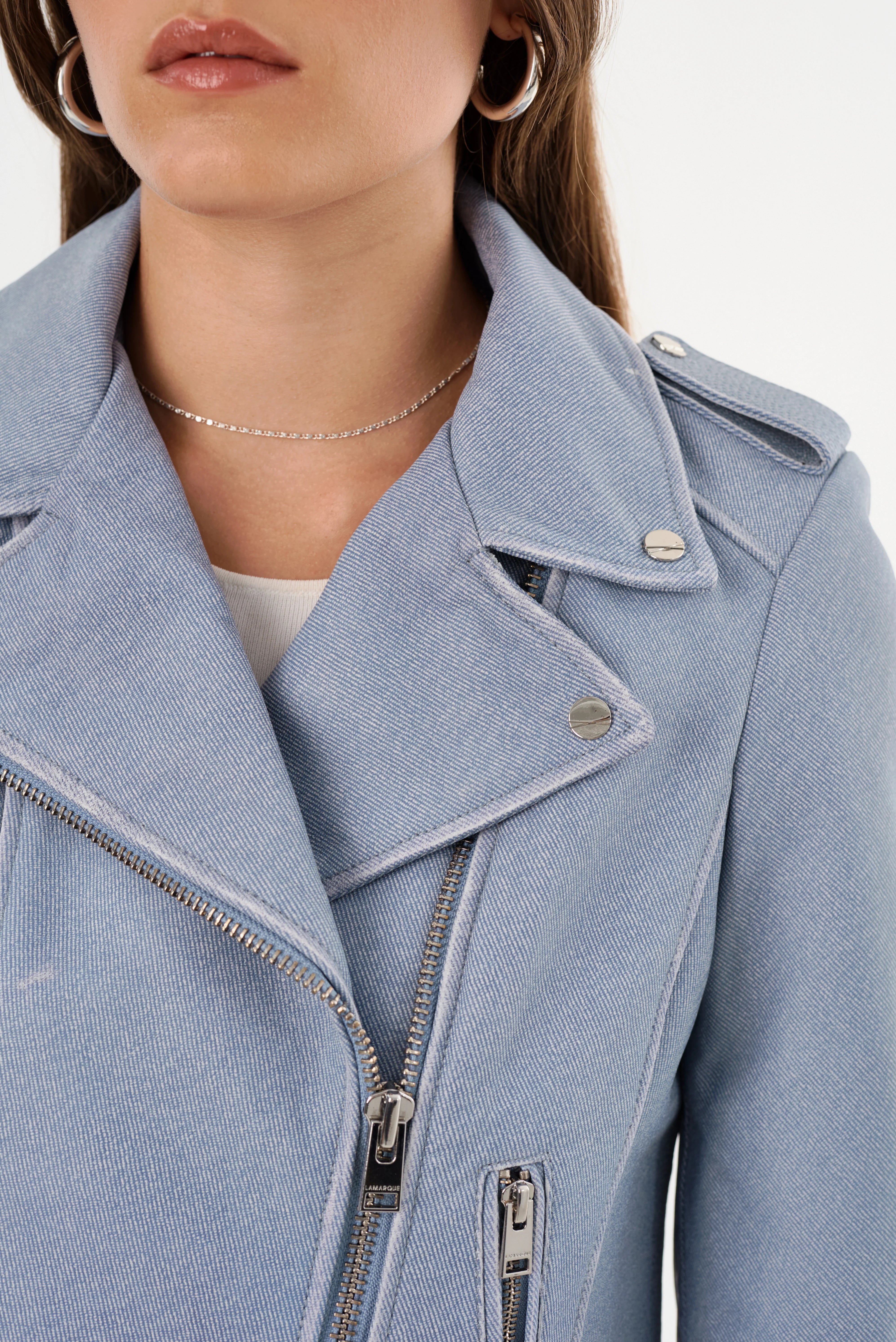 Women's Light Blue Denim Leather Biker Jacket - Stylish Motorcycle Outerwear for Casual Wear & Night Out
