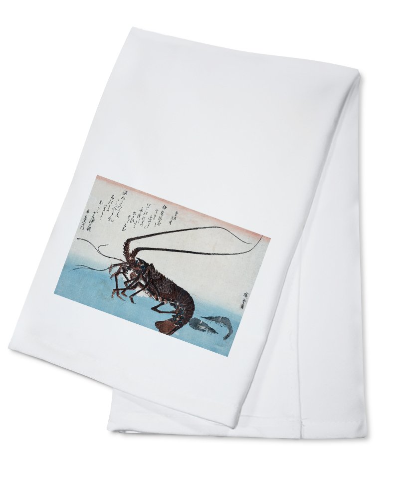 Japanese Wood-Cut Print Shrimp & Lobster Tea Towel - 100% Cotton Decorative Hand Towel for Kitchen, Dining & Home Decor - Perfect for Gift, Tea Party & Coastal Themed Decor