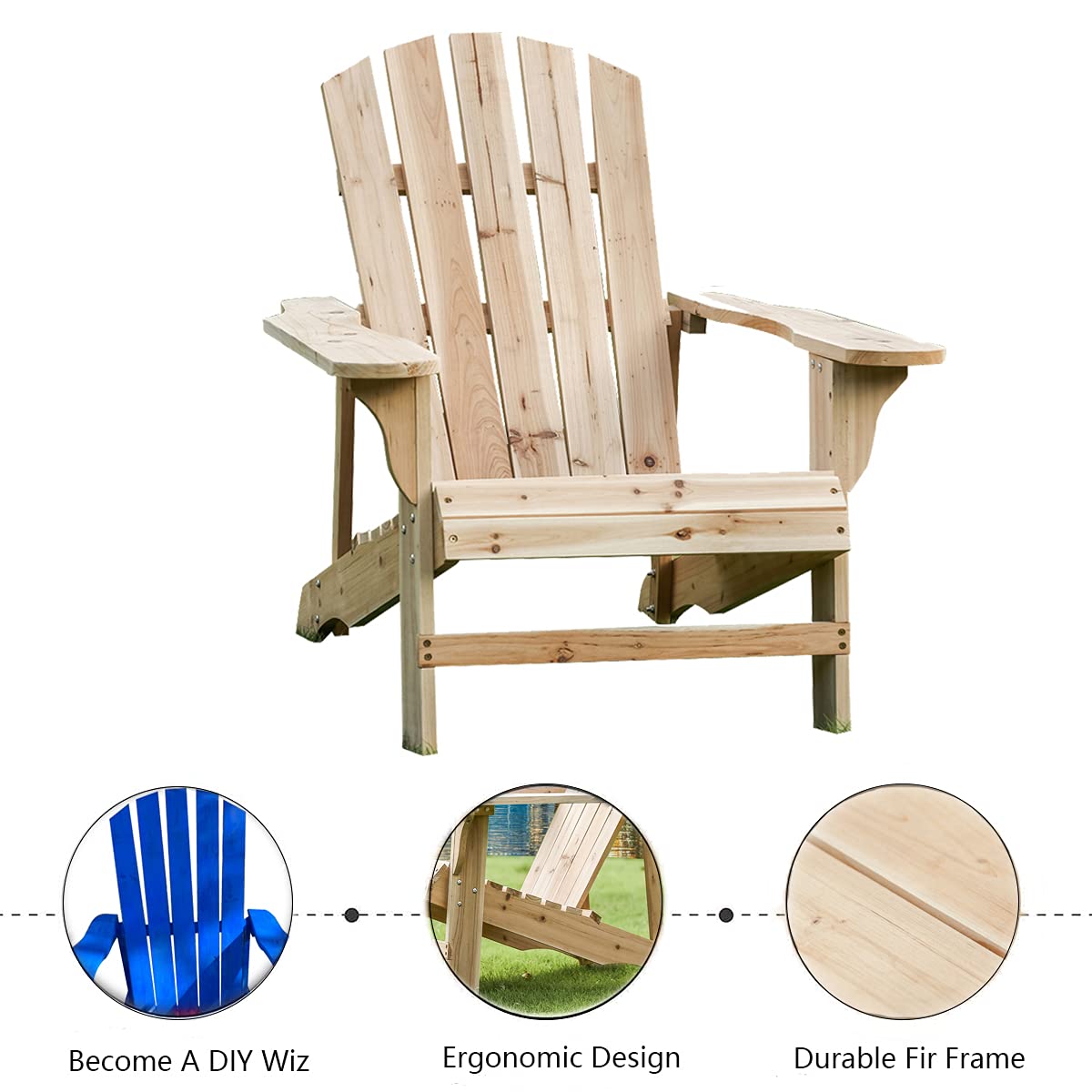 PatioFestival Wood Adirondack Lounger Chair - Unpainted Fir Outdoor Furniture for Yard, Patio, Garden & Lawn - Natural Finish Adirondack Chair - Perfect for Relaxing, Sunbathing & Backyard Decor