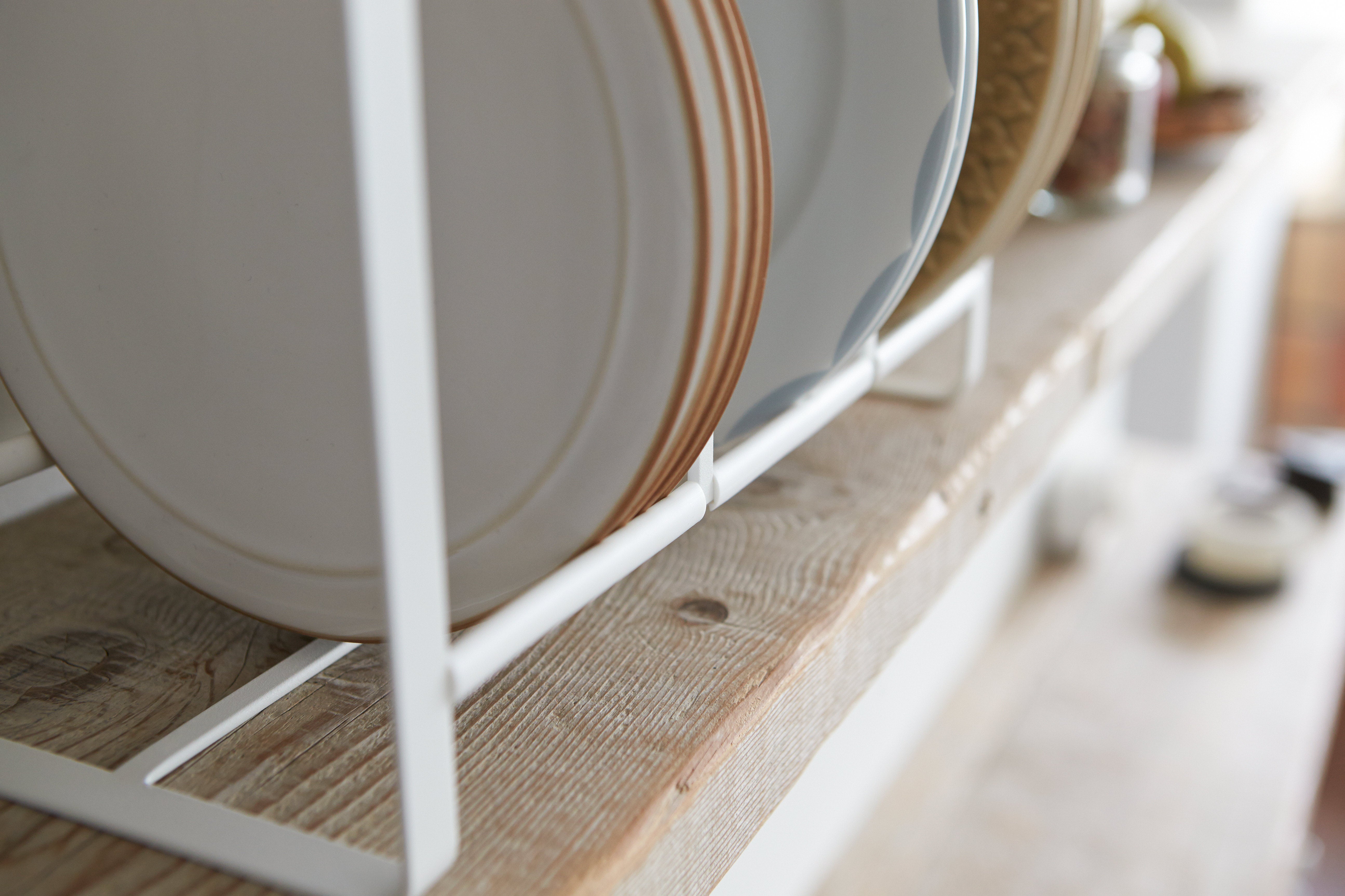 Vertical Plate Organizer - Sturdy Steel & Wood Storage Rack for Kitchen, Dining Room, or Office - Perfect for Organizing Plates, Books, and Documents