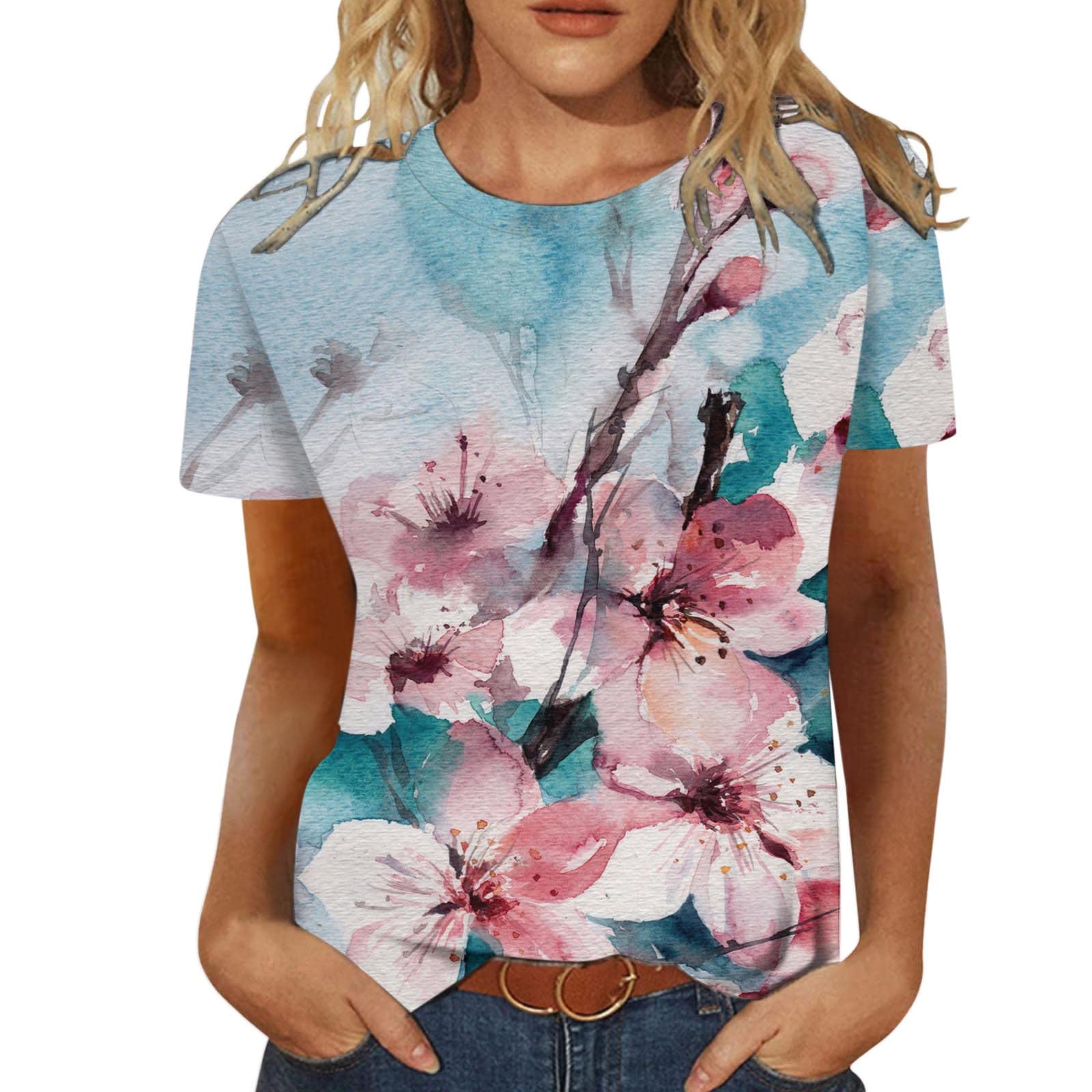 Women's Casual Floral Short Sleeve Round Neck T-Shirt - Summer Blouse with Flower Print - Perfect for Beach Outings, Summer Camp, and Casual Wear