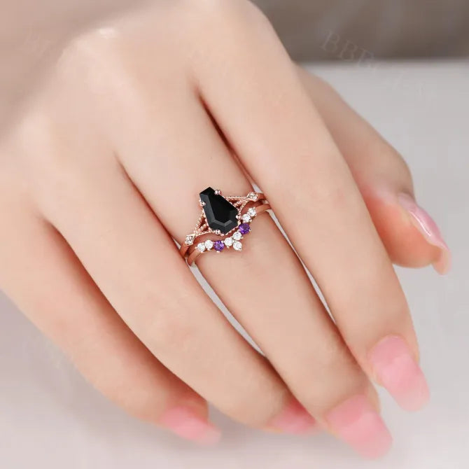 Vintage Coffin Cut Black Onyx & Amethyst Ring Set - Unique 9x6mm Gothic Jewelry for Women - Perfect for Halloween, Dark Aesthetic & Alternative Fashion Lovers