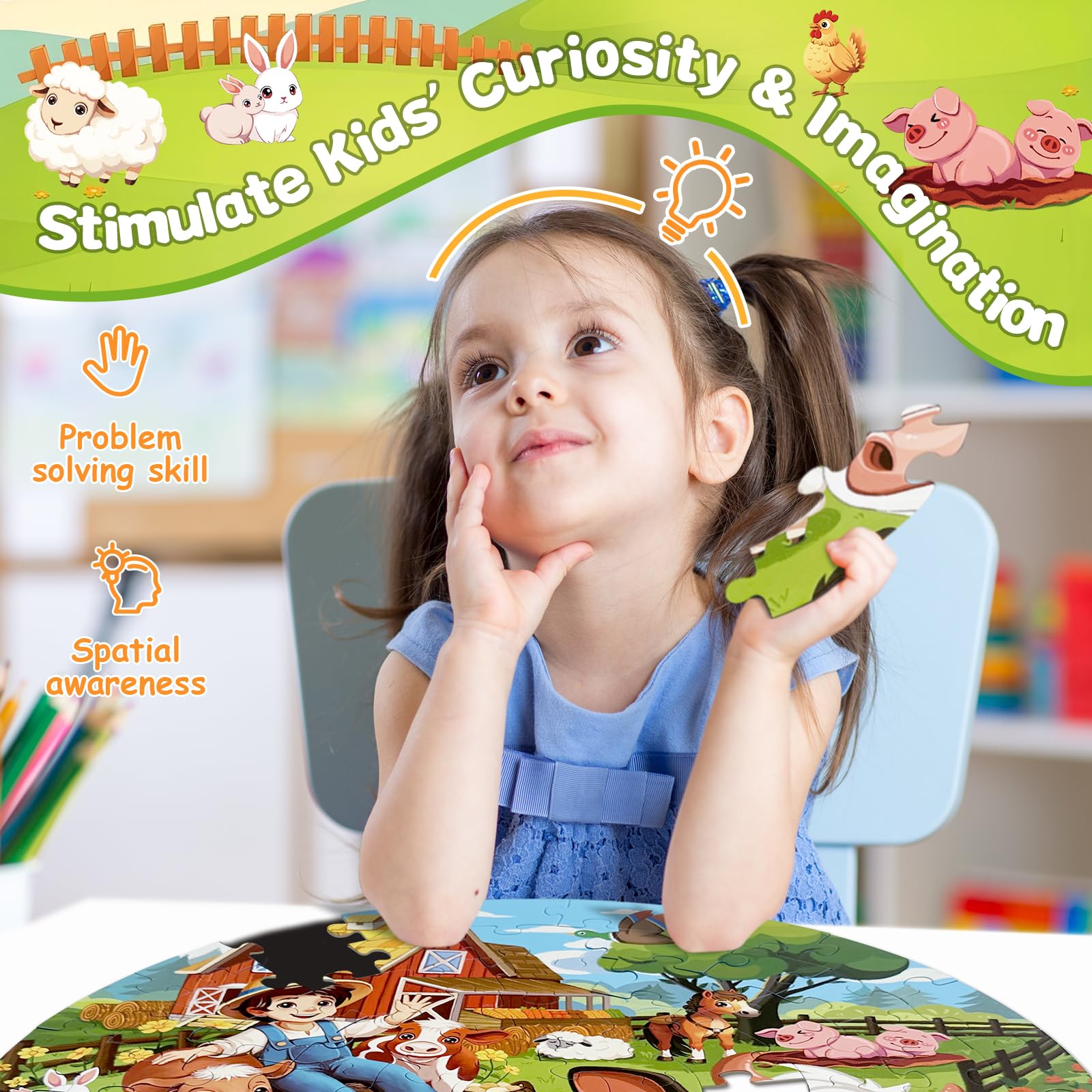 70-Piece Educational Round Floor Puzzle for Kids Ages 3-10 - Farm Animal & Barn Theme - Preschool Learning Toy & Gift for Toddlers (Perfect for Birthday, Classroom & Family Game Night)