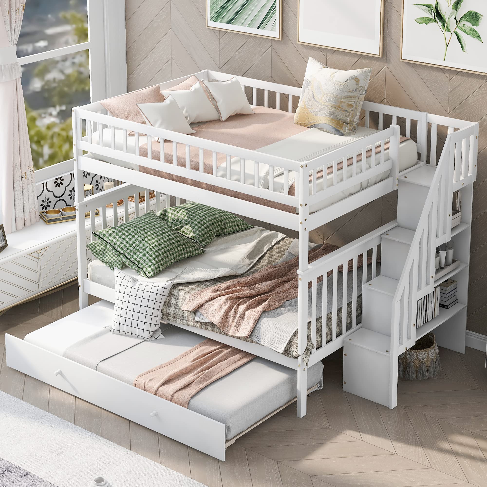 Harper & Bright Designs Full Over Full Bunk Bed with Trundle & Staircase - Solid Wood Bunk Bed for Kids, Teens & Adults - Space-Saving Bedroom Solution (White) - Perfect for Guest Rooms, Dorms & Small Spaces