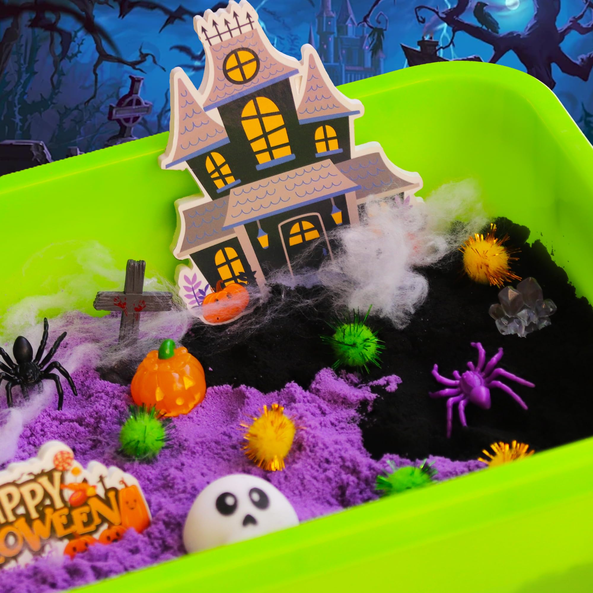 Halloween Sensory Bin for Kids - Halloween Sensory Toys with Play Sand for Toddlers Boys & Girls Ages 3-8 - Halloween Arts & Crafts Kit & Educational Gift for Preschoolers - Perfect for Sensory Play, Halloween Party Favors & Classroom Activities
