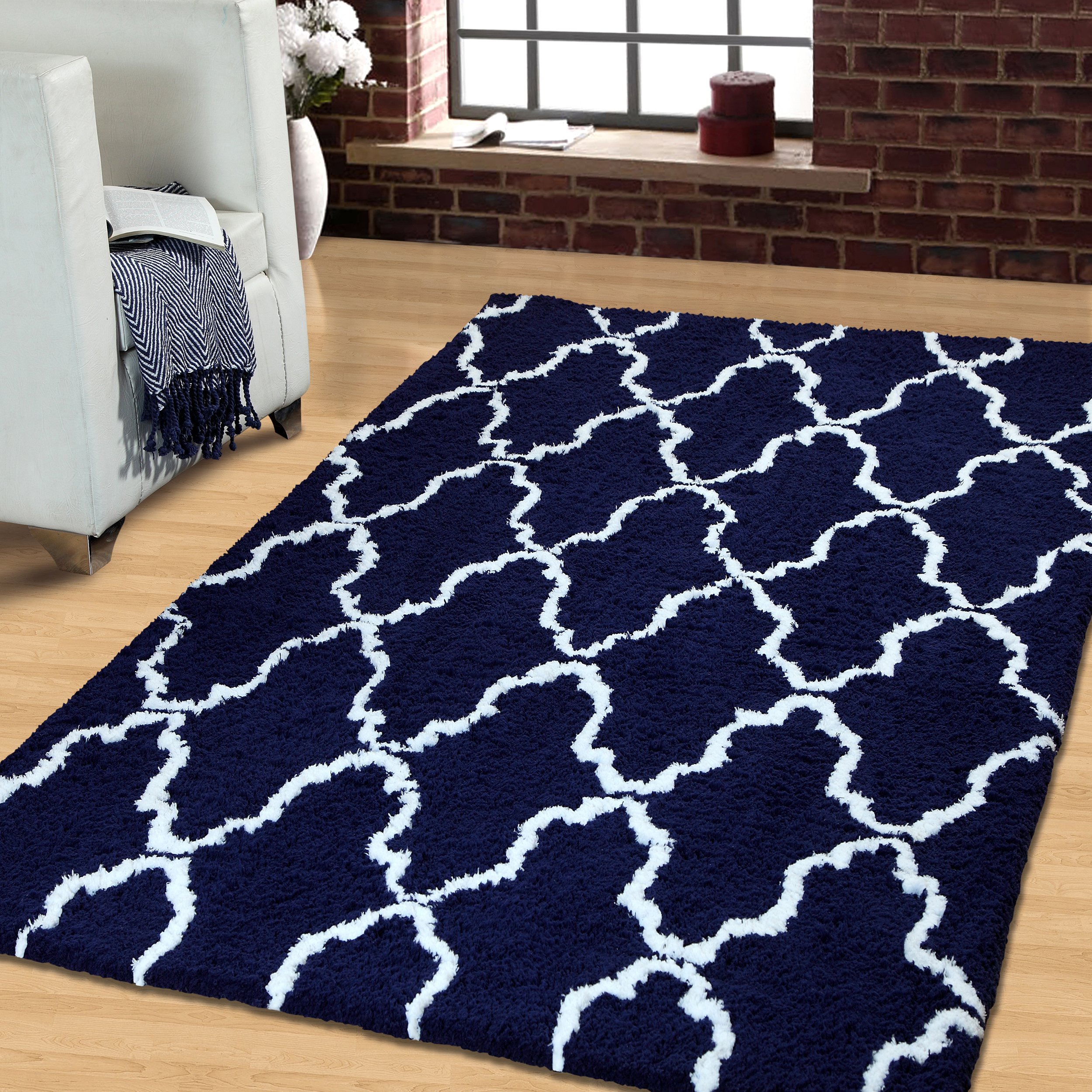 Premium Hand-Woven Soft Shag Area Rug - Navy Blue & White Trellis Pattern - 4x6 Feet (4'x6') - Plush Living Room Carpet, Cozy Bedroom Floor Mat, Stylish Home Decor