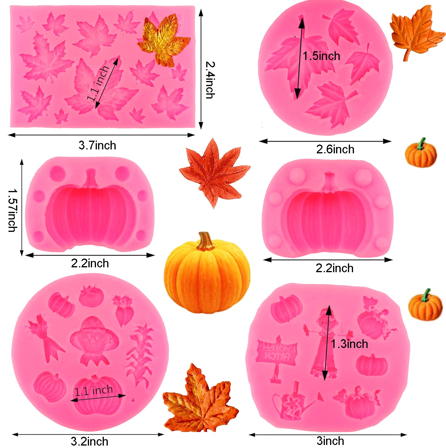 6Pcs 3D Pumpkin & Maple Leaf Silicone Molds - Halloween Thanksgiving Cake Decorating, Chocolate Fondant Candy Molds for Cupcake Toppers, Resin Candle & Soap Baking Molds - Perfect for Fall DIY Crafts and Party Desserts