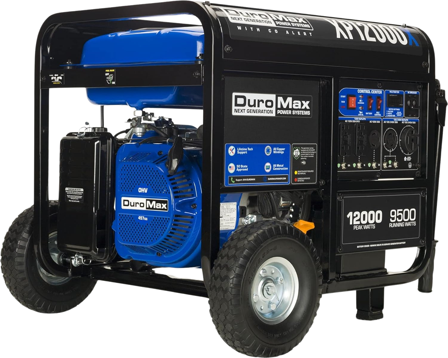 DuroMax XP12000X 9500W/12000W Dual Fuel Portable Generator with Electric Start & CO Alert - Power Outages, Camping, RV, Job Sites, Emergency Backup