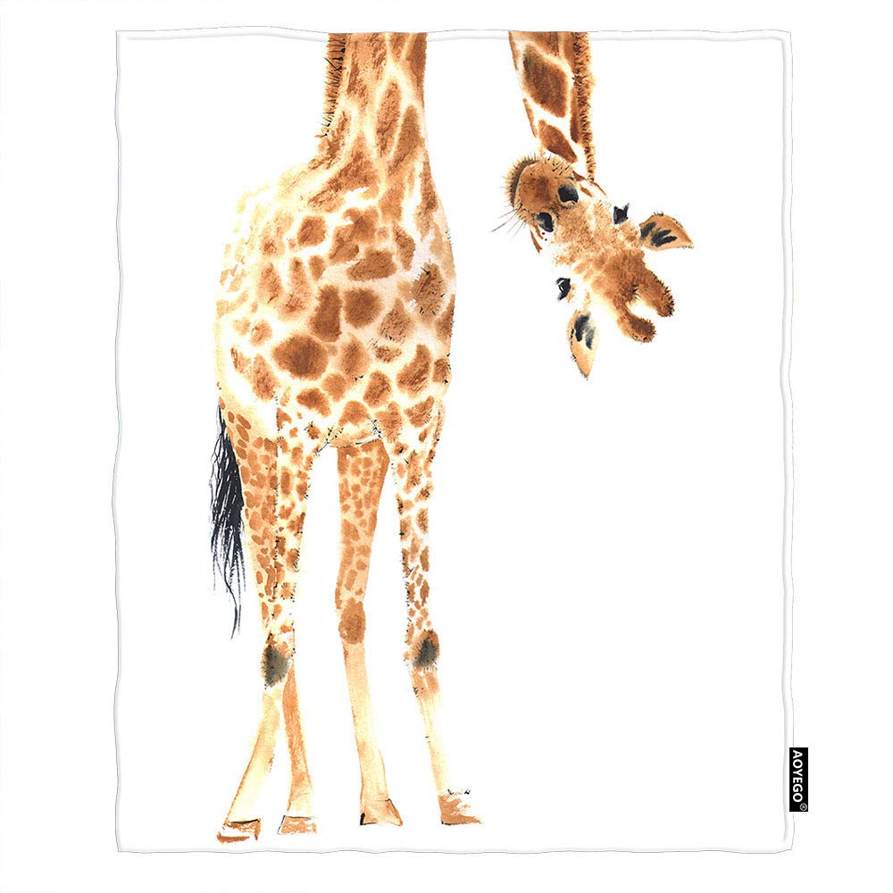 AOYEGO King Size Flannel Throw Blanket 60x80 Inch - Watercolor Giraffe Design with Brown & White Feather Print - Soft Cozy Blanket for Sofa, Bed, Couch - Perfect Gift for Women & Men - Home Decor, Living Room, Nursery, Dorm Room