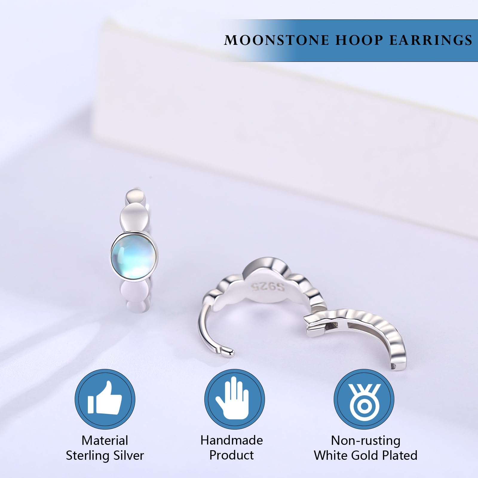 10mm Moonstone Hoop Earrings - 925 Sterling Silver Hypoallergenic Huggie Earrings for Sensitive Ears | Minimalist Moonstone Jewelry Gift for Women | Perfect for Everyday Wear, Office & Special Occasions