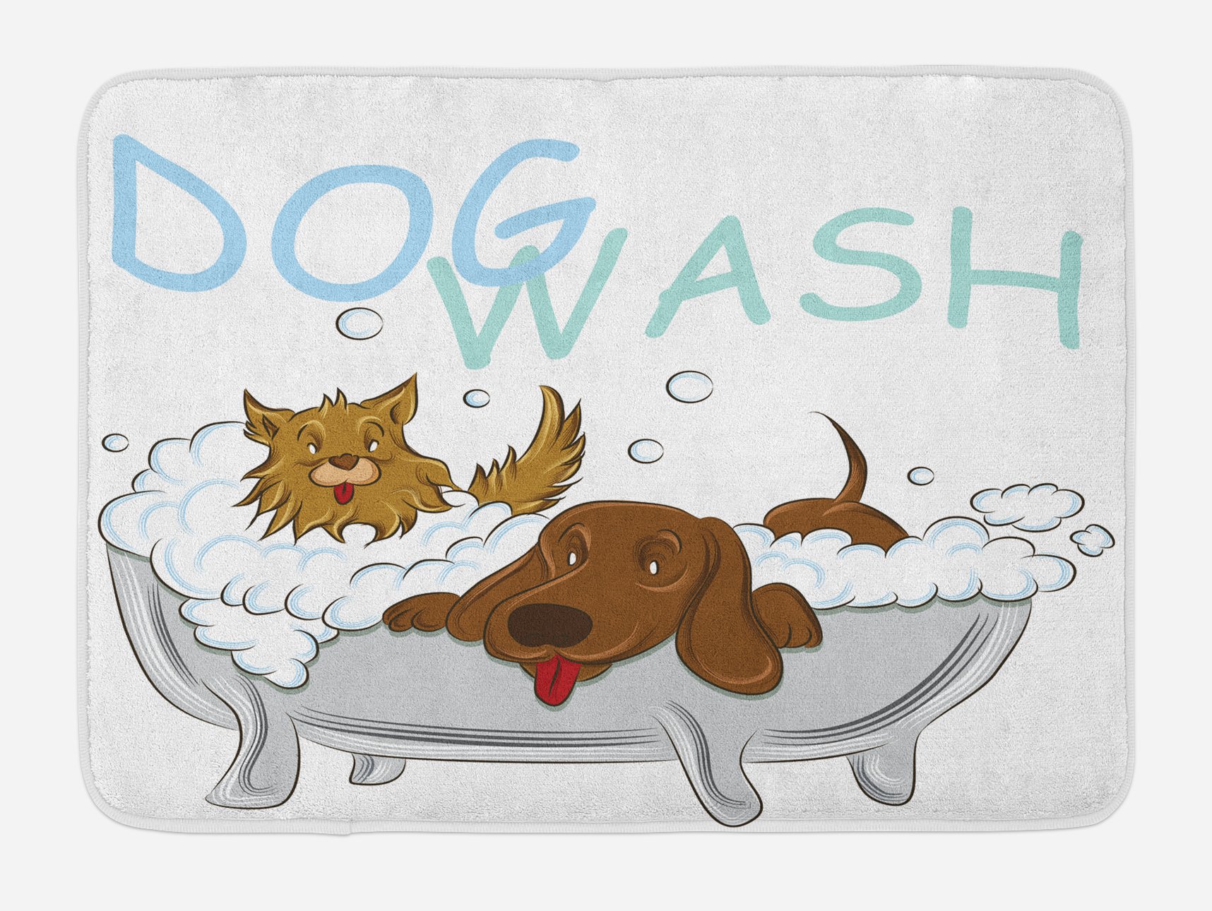 Playful Dogs in Bathtub Cartoon Bath Mat - Non-Slip Plush Bathroom Decor with Pets Theme, 30.2 x 20 Inches, White Brown Blue - Perfect for Kids' Bathrooms, Pet Lover Gifts & Cozy Home Decor
