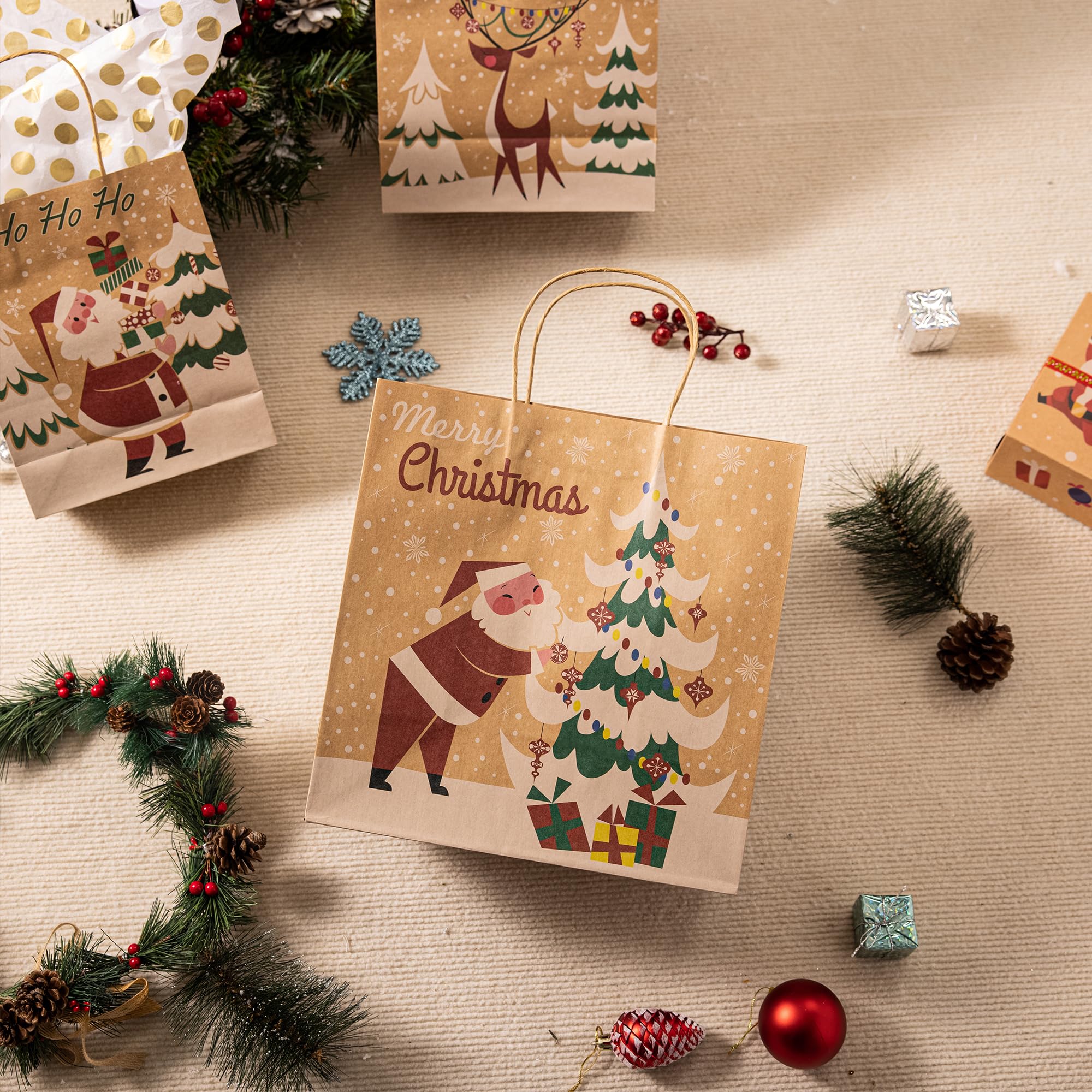 JOYIN 24-Piece Christmas Kraft Gift Bags Set - Assorted Holiday Designs for Wrapping Presents (Classic Style, Tissue Paper Not Included) - Perfect for Christmas Party Favors, Stocking Stuffers & Holiday Gift Giving