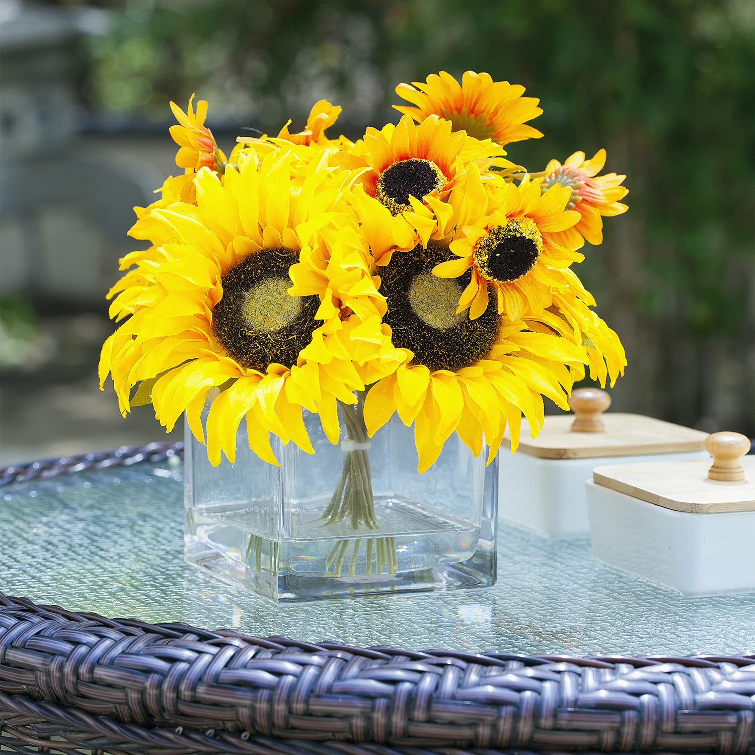 Enova Floral Artificial Sunflowers Mixed Silk Fake Flowers Arrangement in Glass Cube Vase with Faux Water - Home Office Wedding Decor, Table Centerpiece, Party & Event Decoration