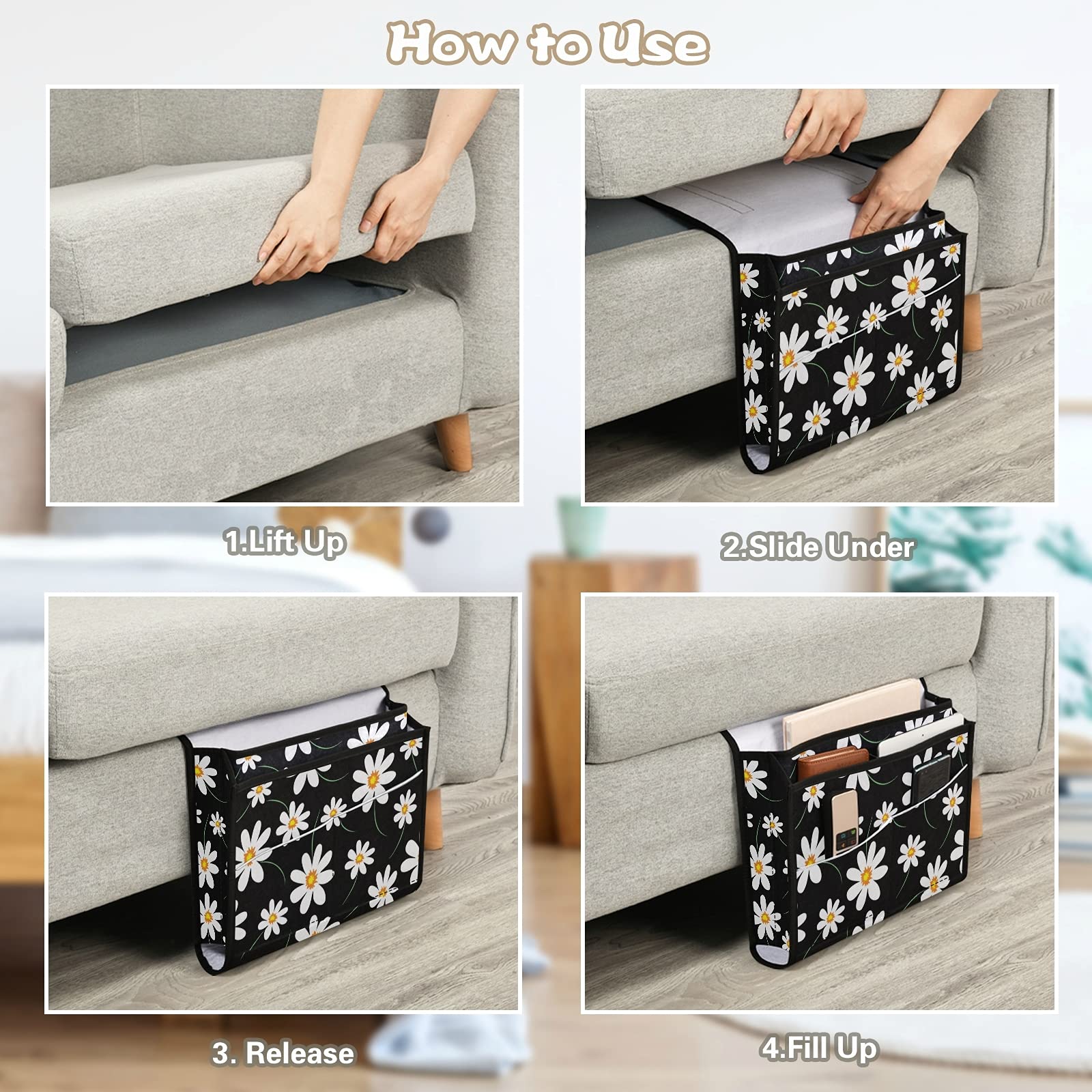 Daisy Flower Bedside Caddy Organizer - 5 Pocket Remote Control Holder for Recliner Couch & Sofa Armrest - Perfect for Magazines, Tablet, Phone, iPad Storage - Ideal for Living Room, Bedroom & Office Organization