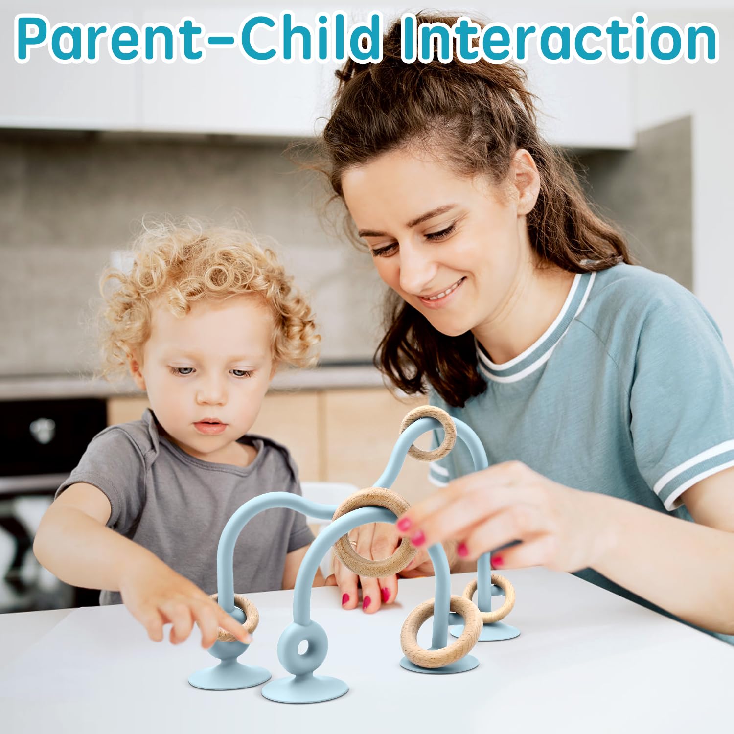 Baby Sensory Teething Chew Toy - Food Grade Silicone Teether with Oak Loop for Infants 6-24 Months | Montessori Educational High Chair Suction Toy & Bath Toy for Toddlers | Perfect for Soothing Gums, Playtime & Parent-Child Bonding (Blue)