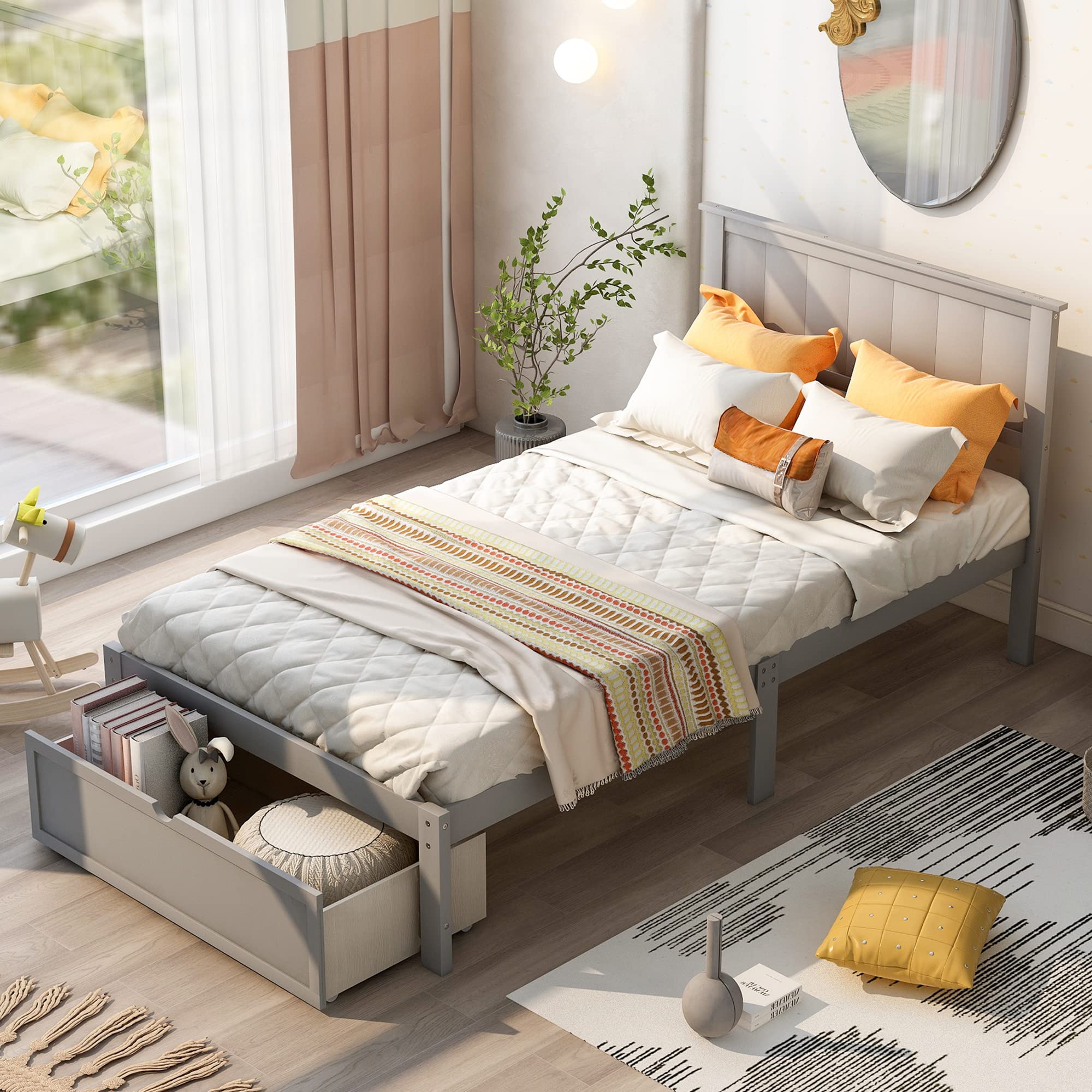 Merax Twin Bed Frame with Storage Drawer - Wooden Platform Bed for Kids, No Box Spring Needed - Gray - Perfect for Small Bedrooms, Kids' Rooms & Guest Rooms