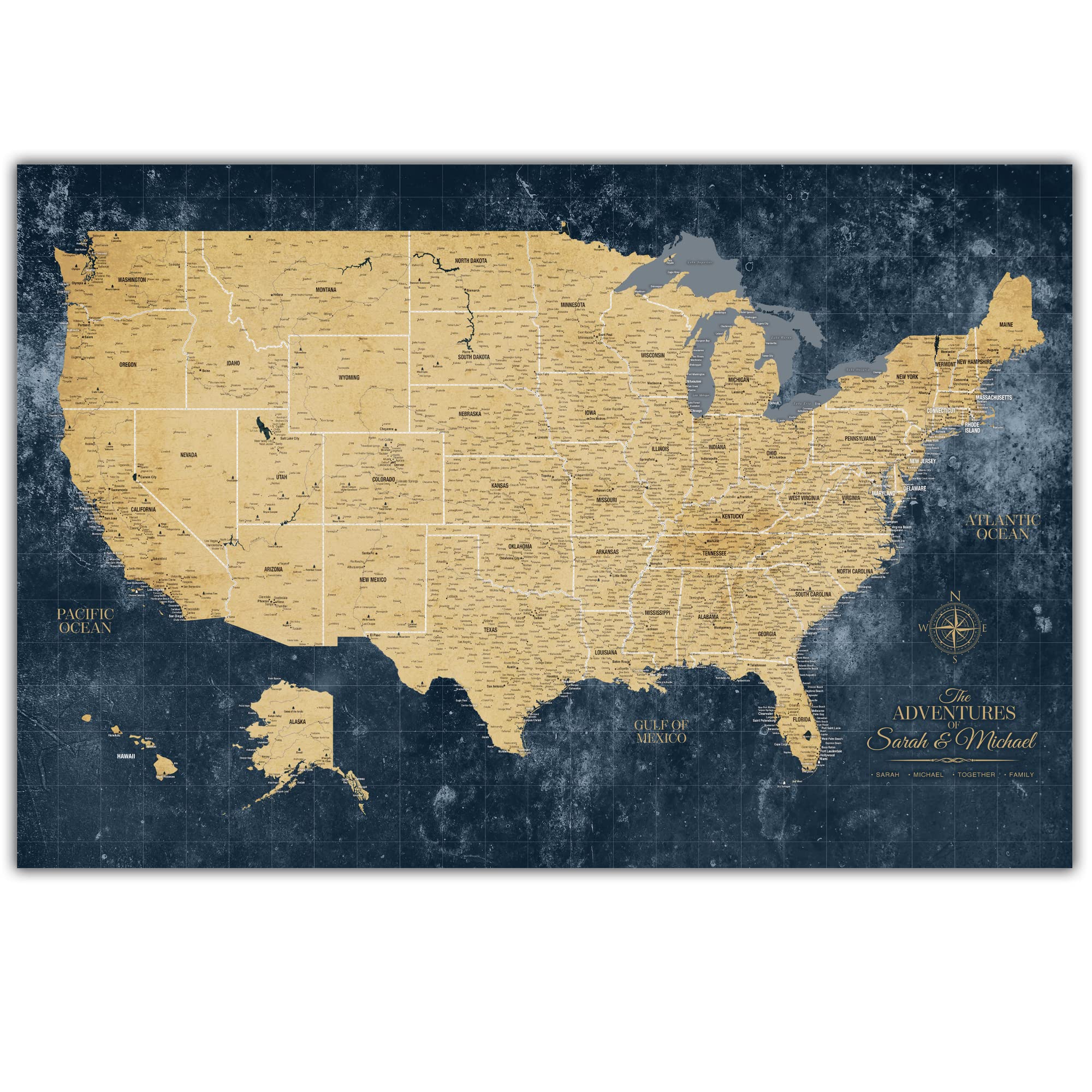 Personalized Gold & Navy Textured Push Pin Map of the United States - Custom Travel Map with Pins to Mark Adventures - USA Pin Board for Home or Office Decor - Perfect Gift for Travel Lovers & Wanderers - Great for Tracking Trips, Planning Vacations & Displaying Travel Memories