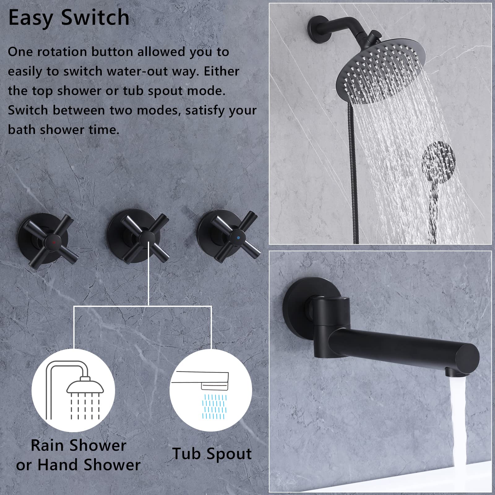 3 Handle Shower Faucet Set - Matte Black Complete Tub Shower Trim Kit with Valve | Bathroom Remodel, Modern Home Upgrade & Spa-Like Shower Experience