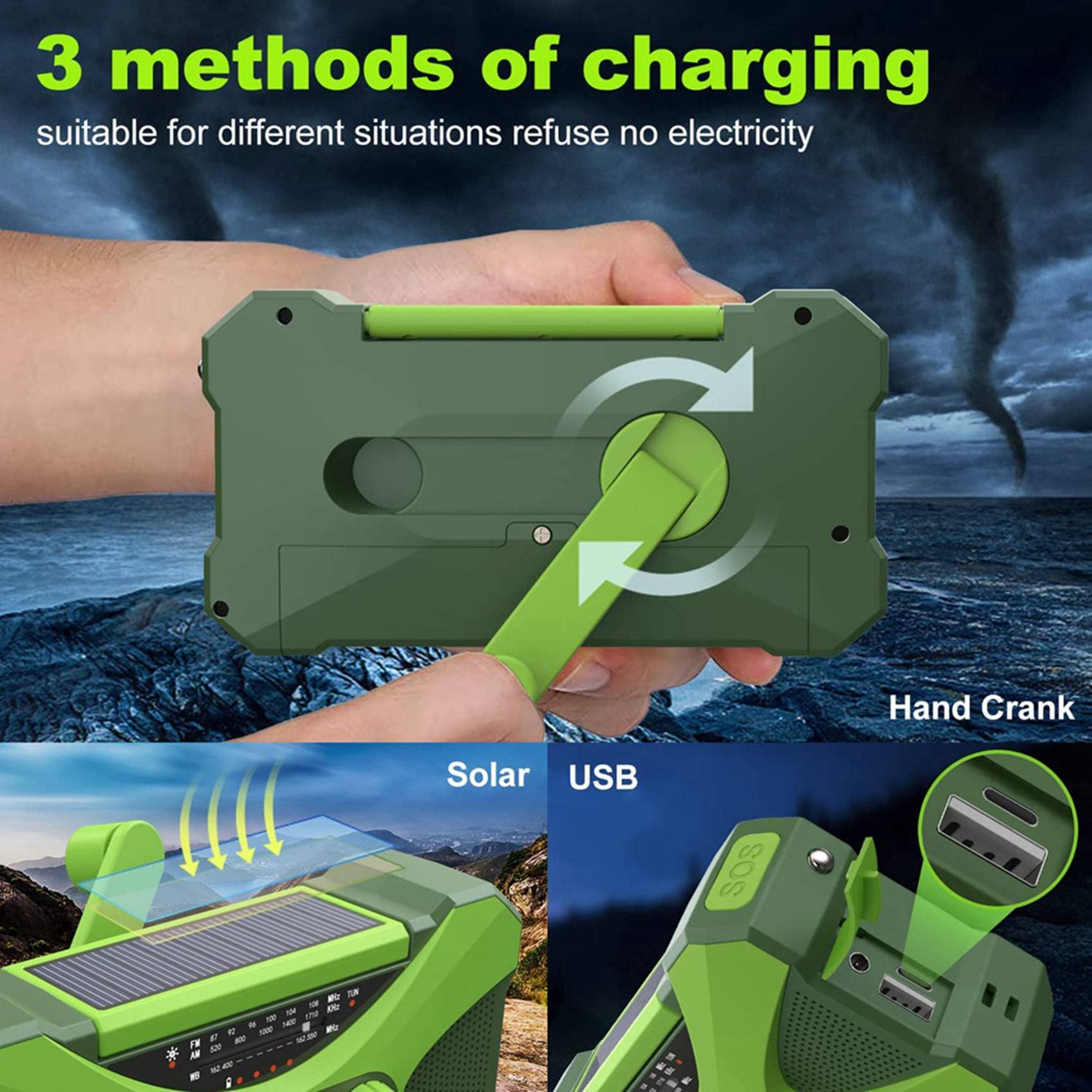 VENEKA 3X 10000mAh Solar Hand Crank Emergency Radio with Phone Charger & LED Flashlight - Portable Power Bank for Outdoor Camping, Hiking, and Emergency Preparedness (Green)
