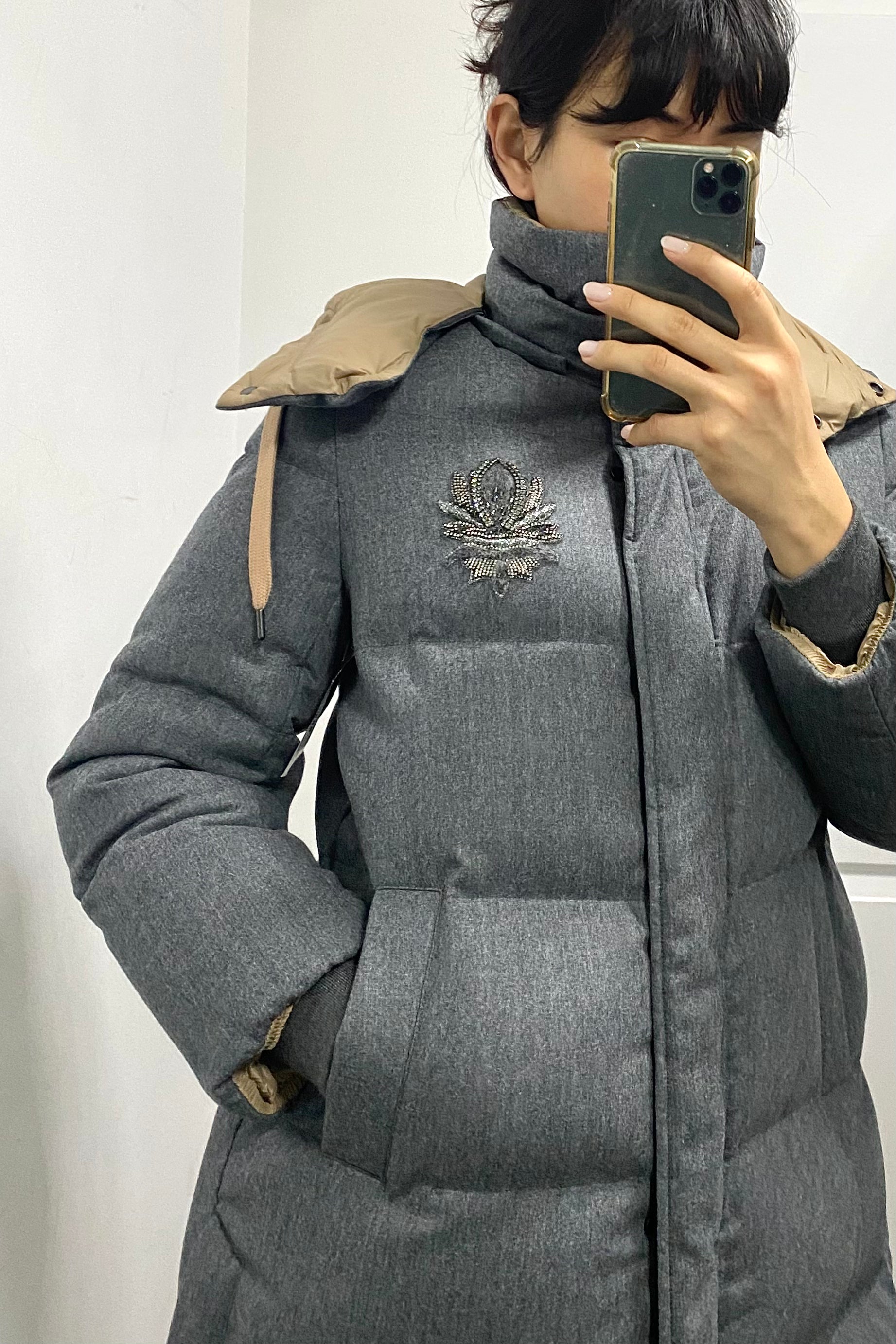 Brunello Cucinelli Grey Quilted Embellished Hooded Coat - Women's Size IT38/S (US 2) - Luxury Winter Outerwear for Casual & Formal Occasions