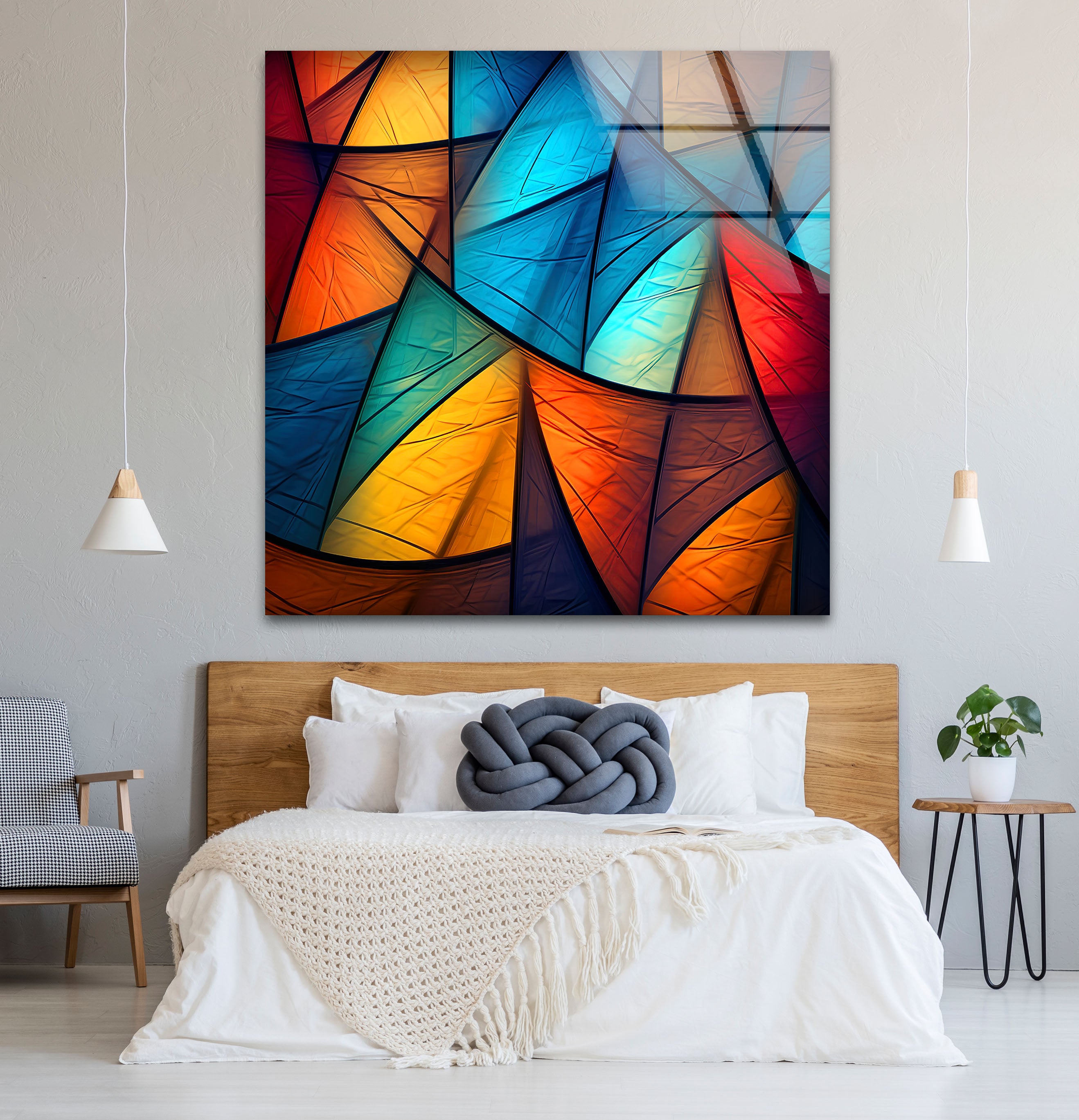 Modern Abstract Geometric Glass Wall Art - Vibrant Triangle Pattern Home Decor for Living Room, Bedroom & Office | Unique Handmade Wall Hanging