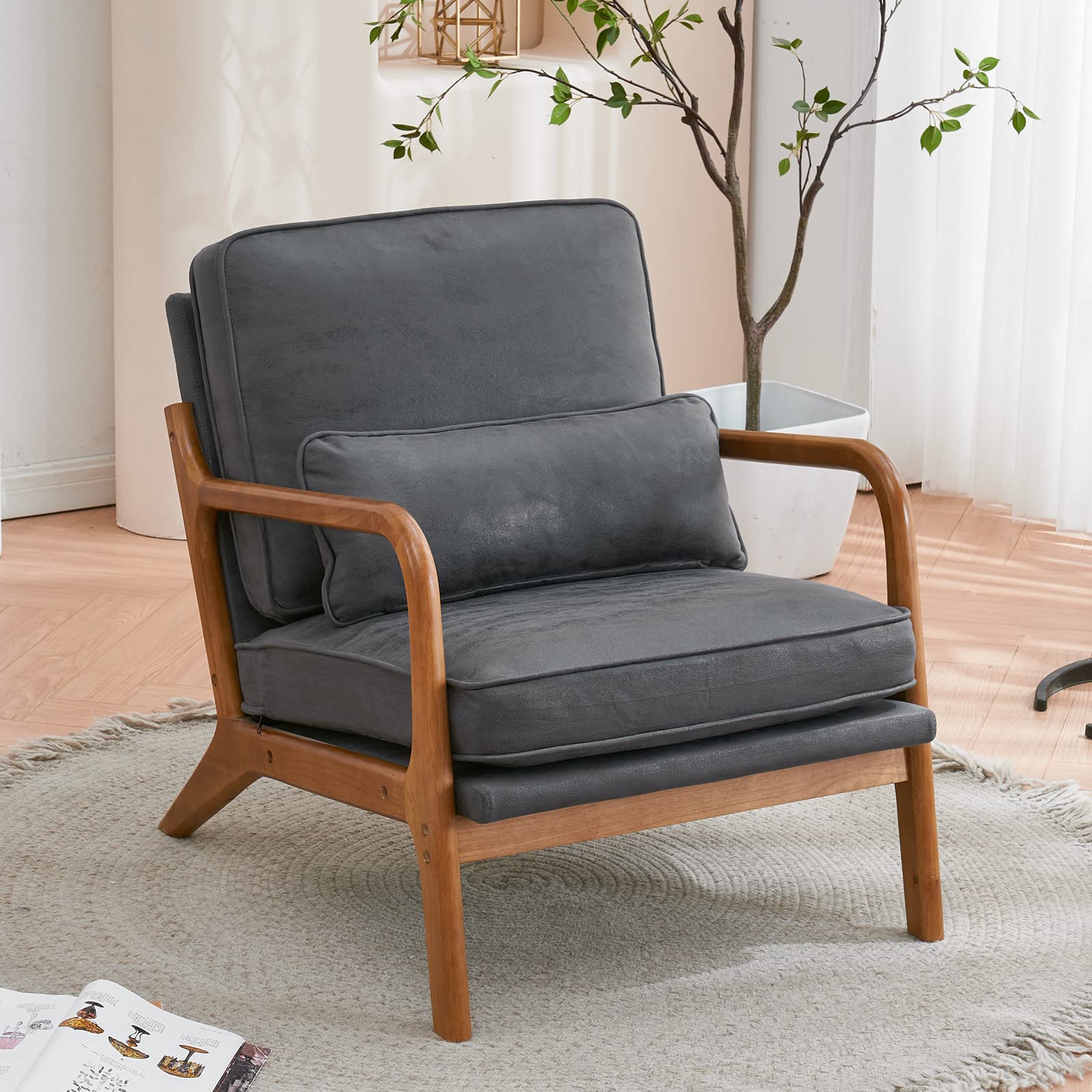 Mid Century Modern Accent Chair - Solid Oak Wood Frame with Upholstered Seat - Single Lounge Chair for Living Room, Bedroom, Office - Dark Grey - Perfect for Reading Nook, Cozy Corner & Home Decor