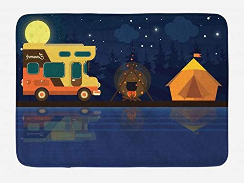 Lunarable Plush Non-Slip Camping Bath Mat - Dark Blue Orange Yellow Woodland Tent Design, 30.2