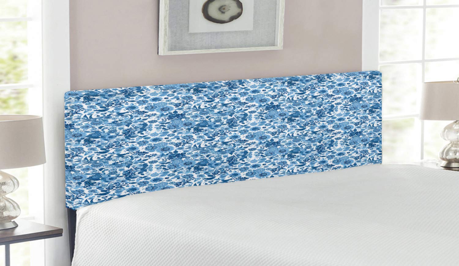 Lunarable Blue Floral Queen Size Headboard - Russian Traditional Bird & Flower Design Upholstered Metal Bed Frame with Memory Foam - Dark Blue & White Home Decor for Master Bedroom, Guest Room, Dorm
