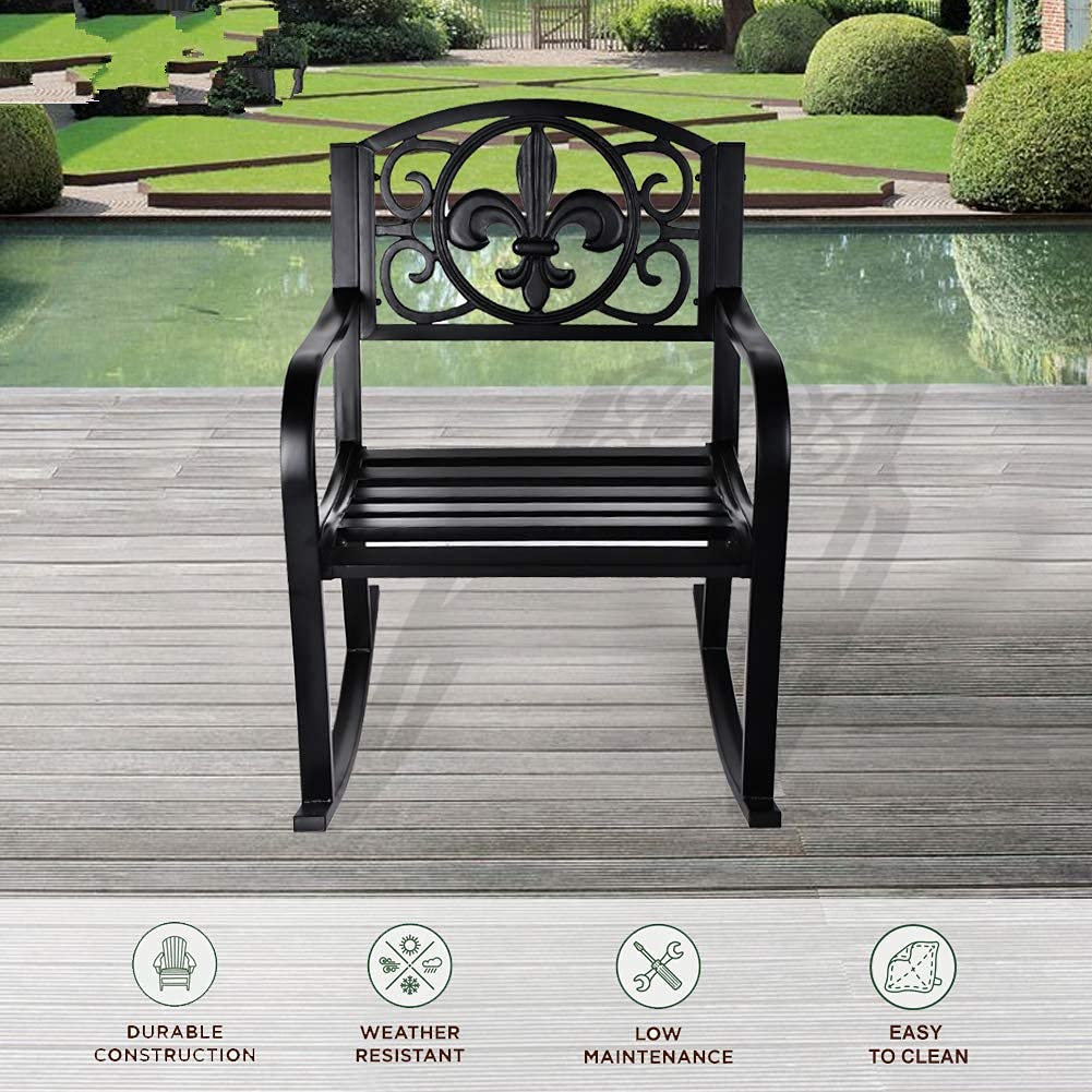 Grepatio Outdoor Patio Rocking Chair - Heavy Duty Wrought Iron Metal Rocking Seat with Elegant Scroll Design for Deck, Backyard, Garden or Porch - Weather Resistant & Comfortable (Black) | Perfect for Relaxing, Reading & Enjoying Nature
