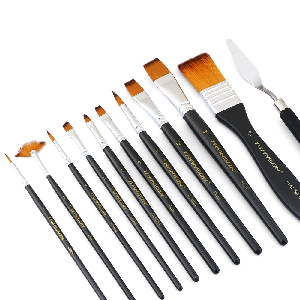 Premium Transon 10-Piece Paint Brush Set with Bonus Spatula & Storage Case - Perfect for Acrylic, Oil, Watercolor Painting & DIY Art Projects