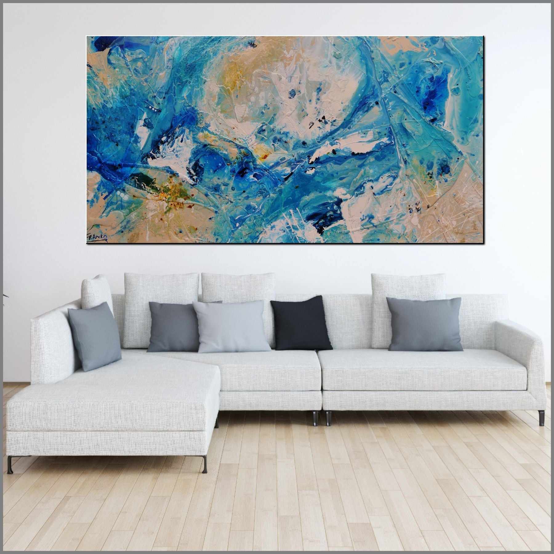 Abstract Blue Cream Textured Painting - 190cm x 100cm Modern Wall Art for Living Room, Bedroom & Office Decor | Aquarius Collection