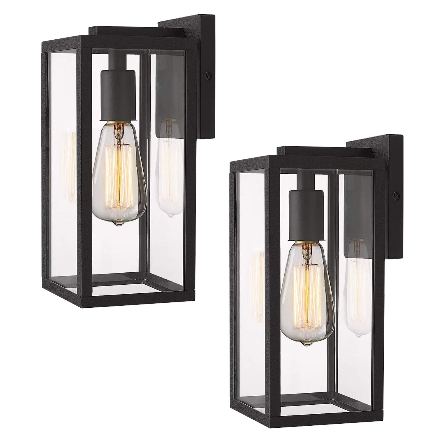 MUDIKIC Modern Black Aluminum Outdoor Wall Sconce with Clear Glass Shade - 2 Pack Waterproof Exterior Light Fixtures for Porch, Patio, Garden, and Entryway Lighting