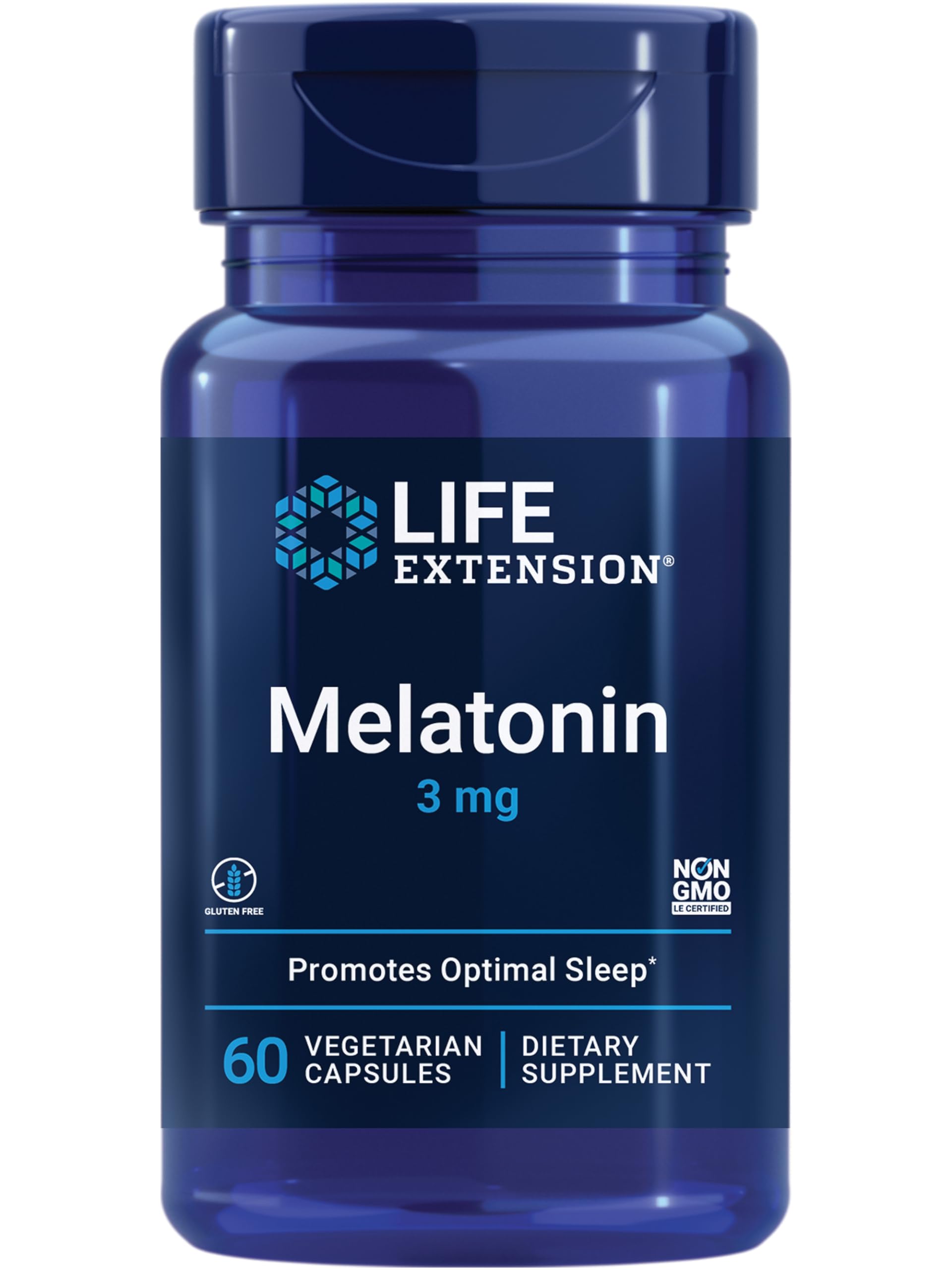 Life Extension Melatonin 3mg - Optimal Sleep Support, Healthy Circadian Rhythms & Cellular Defense | Gluten-Free, Non-GMO, Vegetarian Capsules (60 Count) | Perfect for Jet Lag, Shift Work & Natural Sleep Aid
