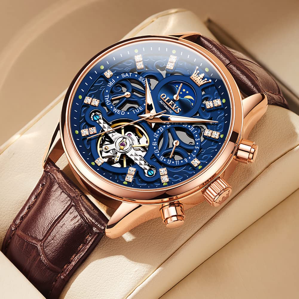 OLEVS Men's Automatic Skeleton Watch - Mechanical Dress & Casual Watch with Moon Phase, Luminous Hands, Waterproof - Brown/Black Leather Strap - Perfect for Business, Dating & Formal Occasions