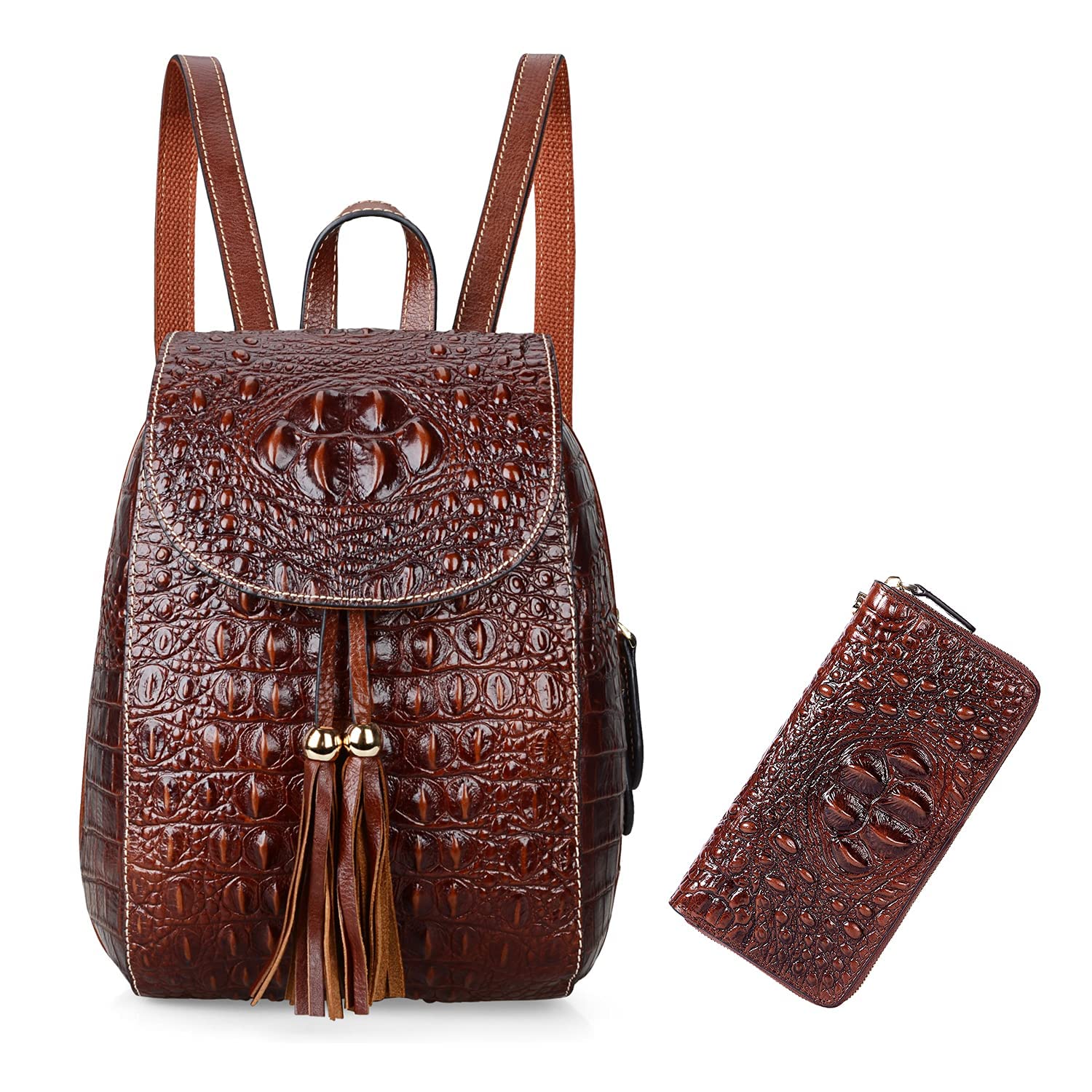 PIJUSHI Genuine Leather Backpack for Women - Stylish Crocodile Embossed Handbag with Matching Wallet Set, Perfect for Work, Travel & Daily Use