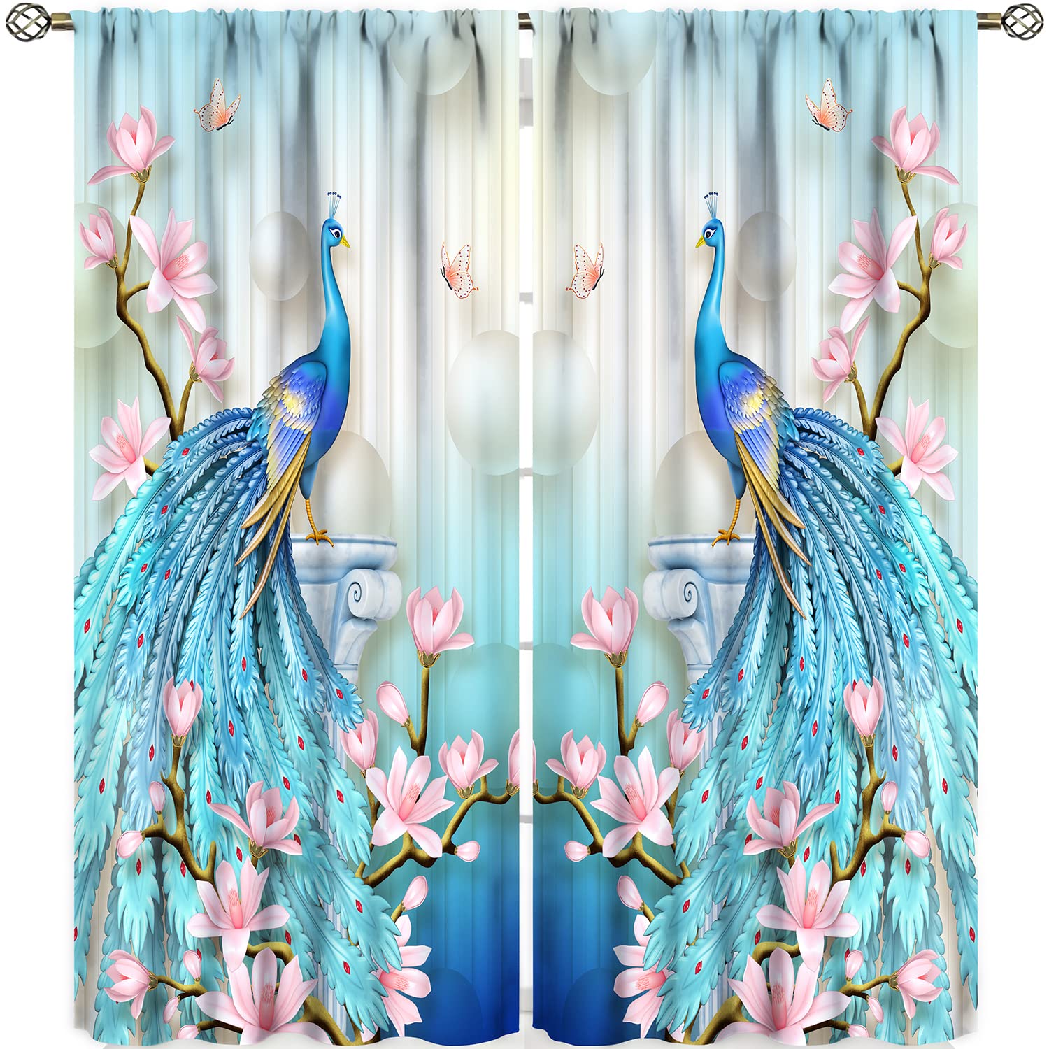 **Blue Peacock Blackout Curtains - Floral Pearl Butterfly Print Window Drapes, 2 Panels Set (42x45 Inches) for Bedroom, Living Room & Kids Room Decor - Perfect for Light Blocking & Home Decoration**