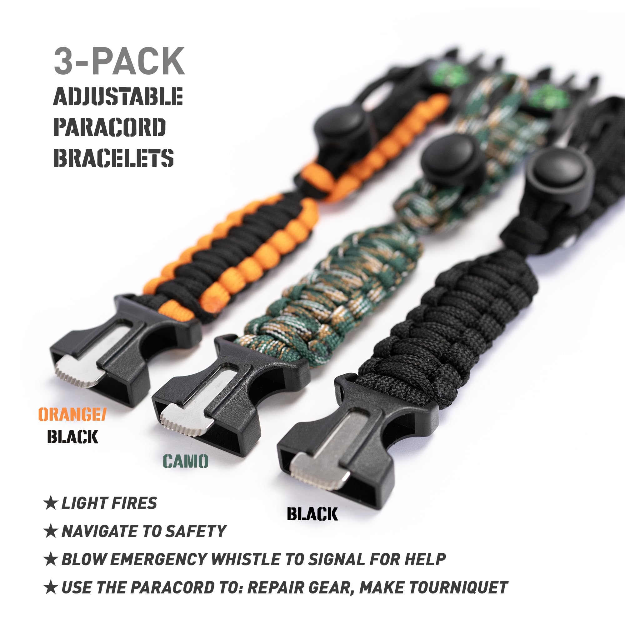 3 Pack Paracord Survival Bracelet with Firestarter, Compass & Whistle - Adjustable Emergency Gear for Camping, Hiking, Trekking, Fishing & Hunting - Perfect for Outdoor Adventures and Survival Situations