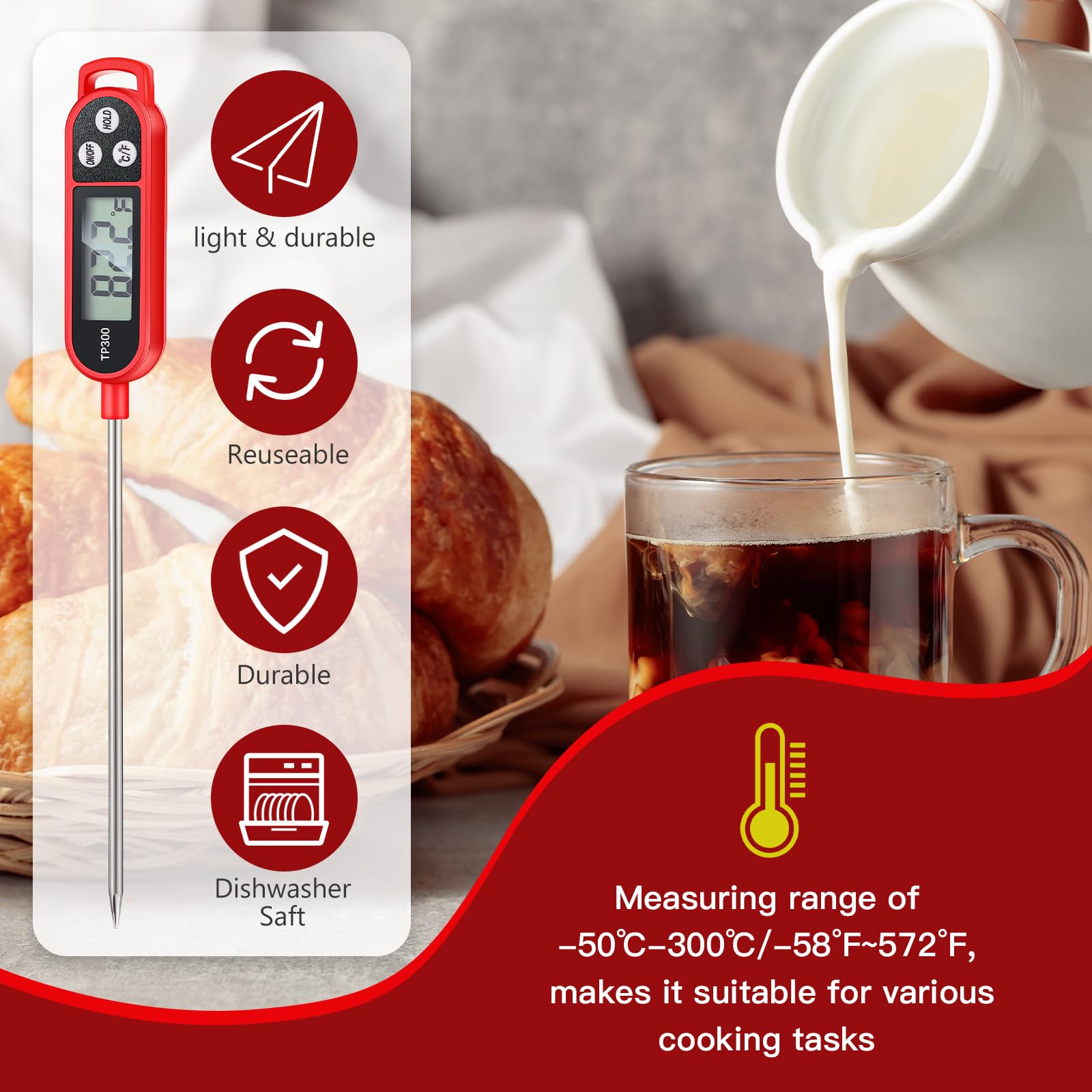 Digital Meat Thermometer with Probe - Instant Read Food Thermometer for Cooking, BBQ, Grilling, Milk & Yogurt - Waterproof Kitchen Thermometer (Red) - Perfect for Grilling, Baking, Roasting & Food Safety Checks