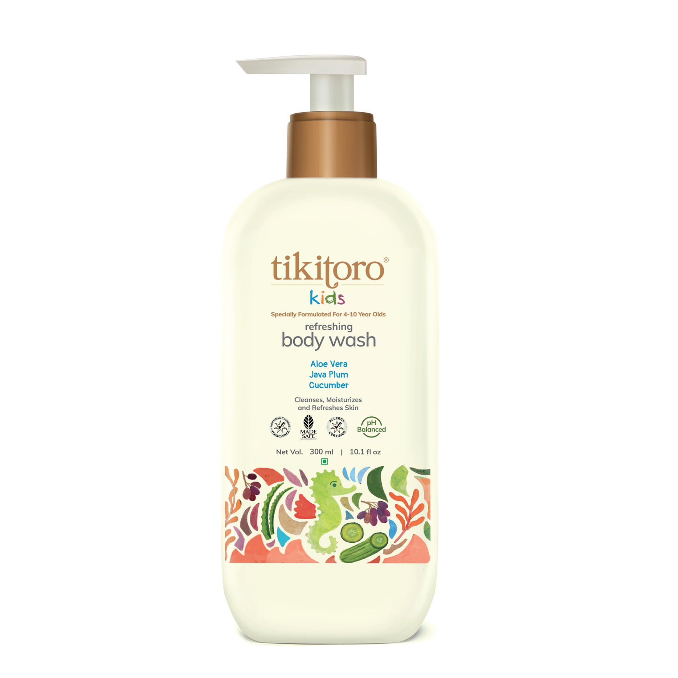 Tikitoro Kids Refreshing Body Wash - 100% Vegan with Cucumber, Java Plum, Vitamin C & Aloe Vera - Deep Cleansing, Hydrating & Refreshing for Sensitive Skin - Paraben & Sulfate Free - 300ml for Boys & Girls Age 4+ - Perfect for Bath Time & Daily Skincare Routine