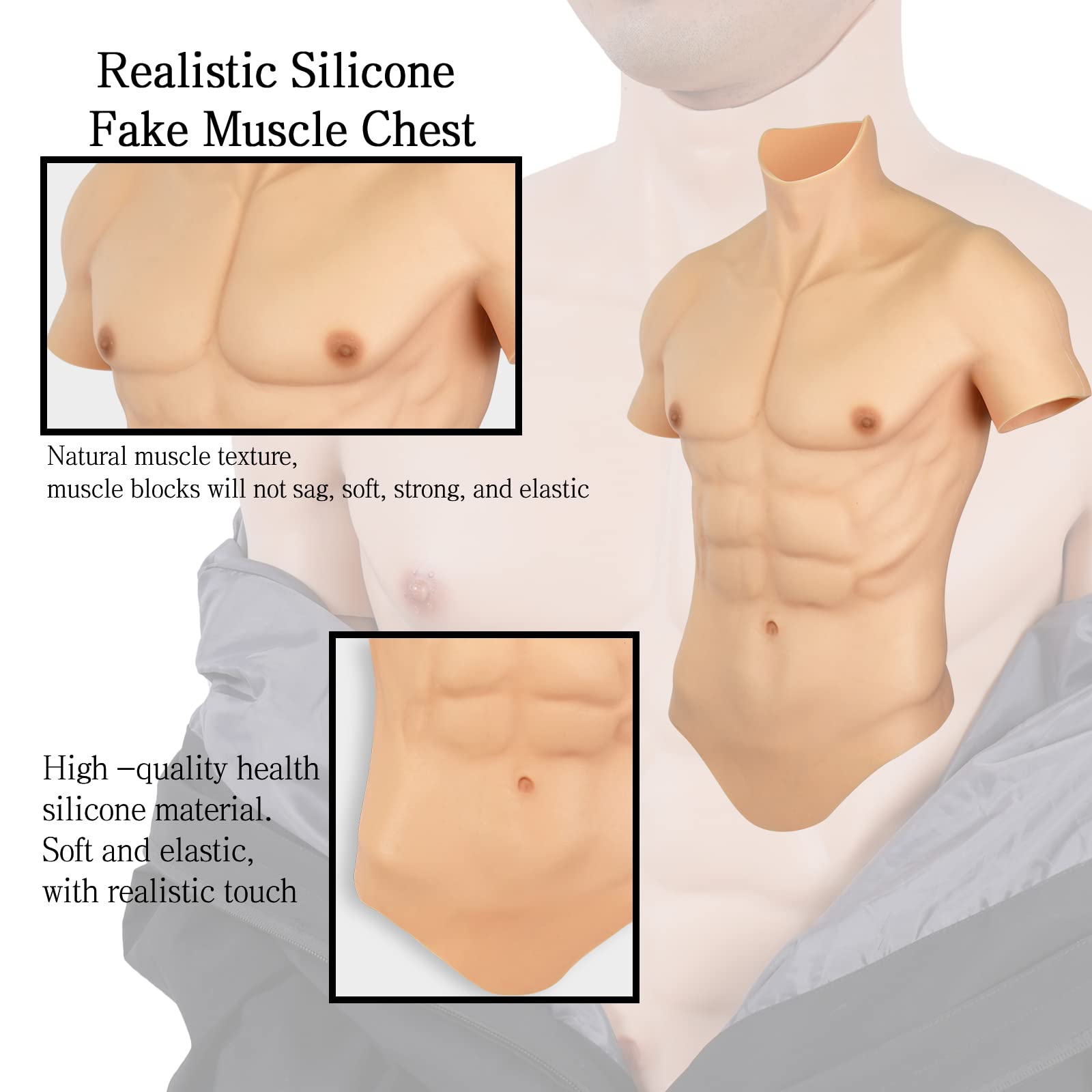 Realistic Silicone Muscle Chest Plate - Fake Male Torso for Cosplay, Halloween Costume & Bodybuilding - Perfect for Costume Parties, Theater Performances & Cosplay Events