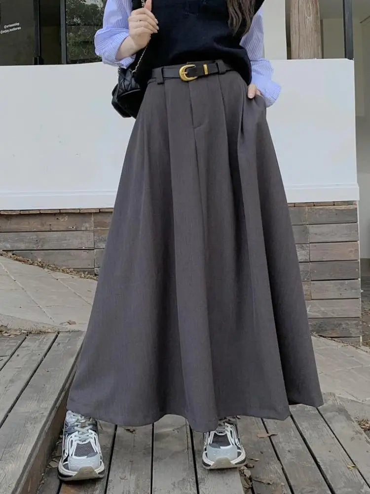 2023 Fashion Women's High Waist Pleated A-Line Skirt with Belt - Autumn Black & Grey Korean Style Chic Long Skirt for Office, Dating & Casual Wear
