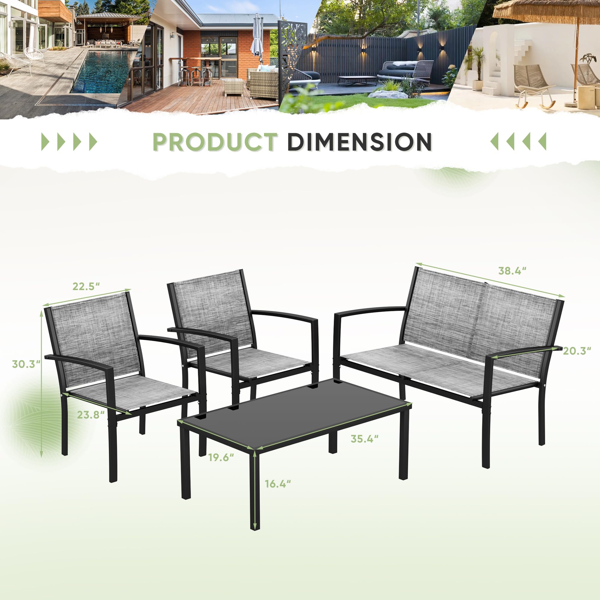 Rankok 4-Piece Modern Outdoor Patio Furniture Set - Textilene Wicker Conversation Set with Loveseat, 2 Chairs & Coffee Table - Waterproof & UV Resistant for Porch, Lawn, Poolside, Balcony or Backyard (Gray) - Perfect for Relaxing, Entertaining & Outdoor Dining