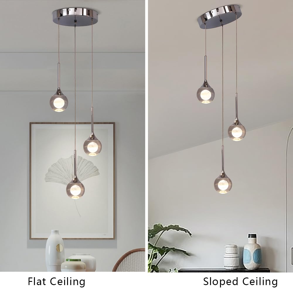 Modern Dimmable 3-Light Cluster Crystal Pendant Lighting Fixture - Chrome Finish for Kitchen Island, Bedroom, Living Room, Dining Room & Bar | Perfect for Ambient Lighting and Home Decor