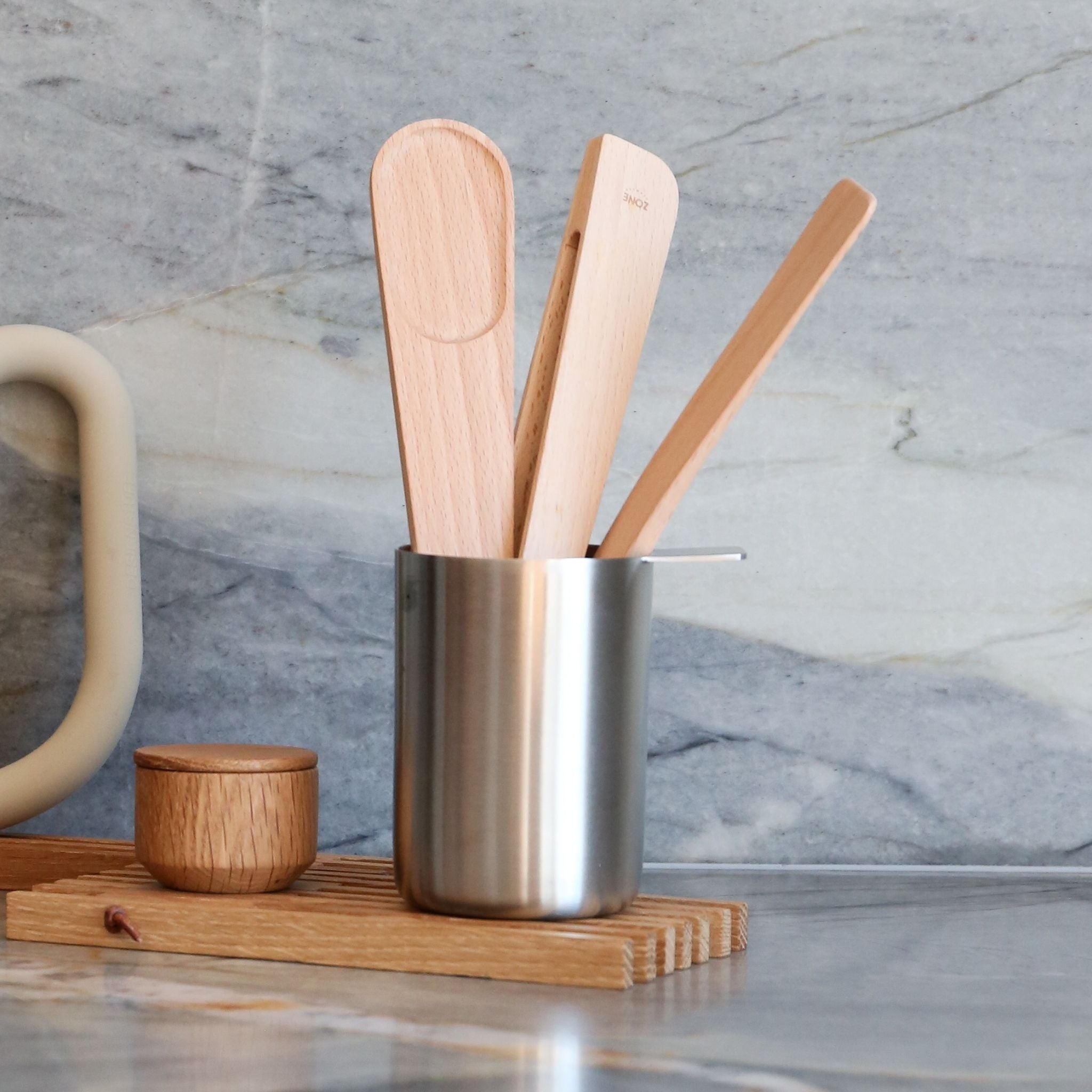 ZONE DENMARK 4-Piece Kitchen Utensil Set - Container, Tongs, Spatula, Stirring Spoon - Essential Cooking Tools for Baking, Grilling & Food Prep - Perfect for Home Chefs & Professional Kitchens