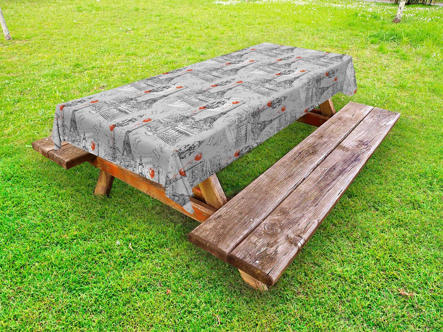 Ambesonne Vintage Parisian Tablecloth - Grunge Effect River Seine & Doves Design, Washable Outdoor Picnic Table Cover 58x84 Inches, Black Grey Red - Perfect for Garden Parties, BBQs & Romantic Dining