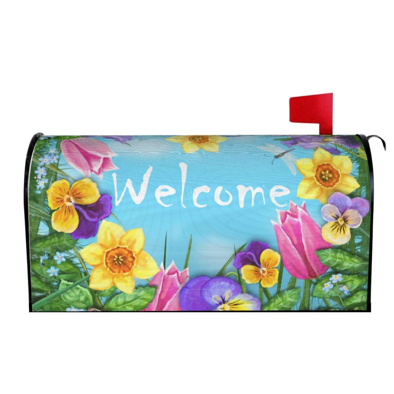 Abucaky Magnetic Waterproof Mailbox Cover - Spring Summer Seasonal Welcome Decor with Flowers, Grass & Butterflies - 25.5x21 inch Mailbox Wrap for Post Letter Box - Perfect for Outdoor Home, Garden, and Front Yard Decoration