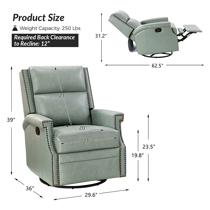 Canace Modern Genuine Leather Manual Glider Rocker Recliner Chair - Comfortable Swivel Lounge Chair for Living Room, Nursery, and Office Relaxation