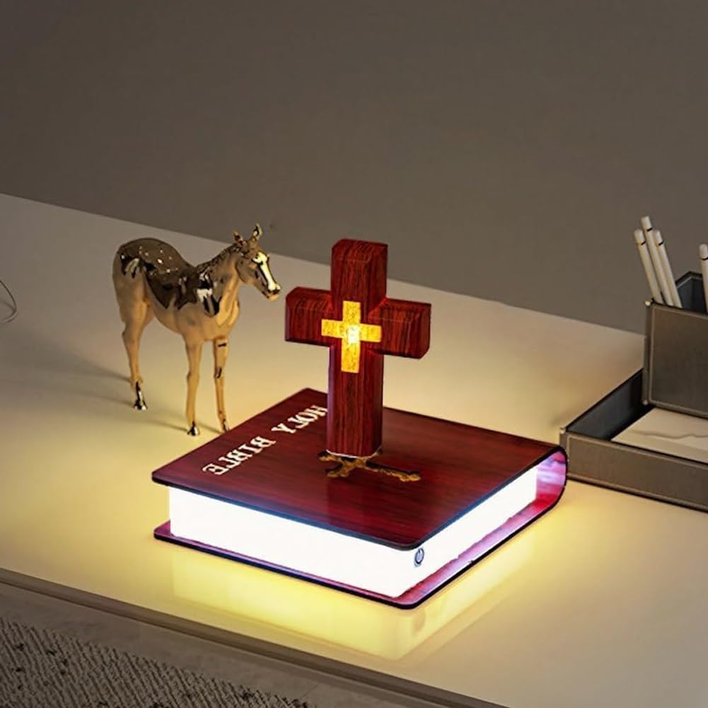 Handmade Levitating Cross Lamp - Floating Cross Light for Bible Study, Night Light, Home & Office Decor - Redwood Cross with Book Base - Perfect for Bedroom, Prayer Room, or Gift Idea